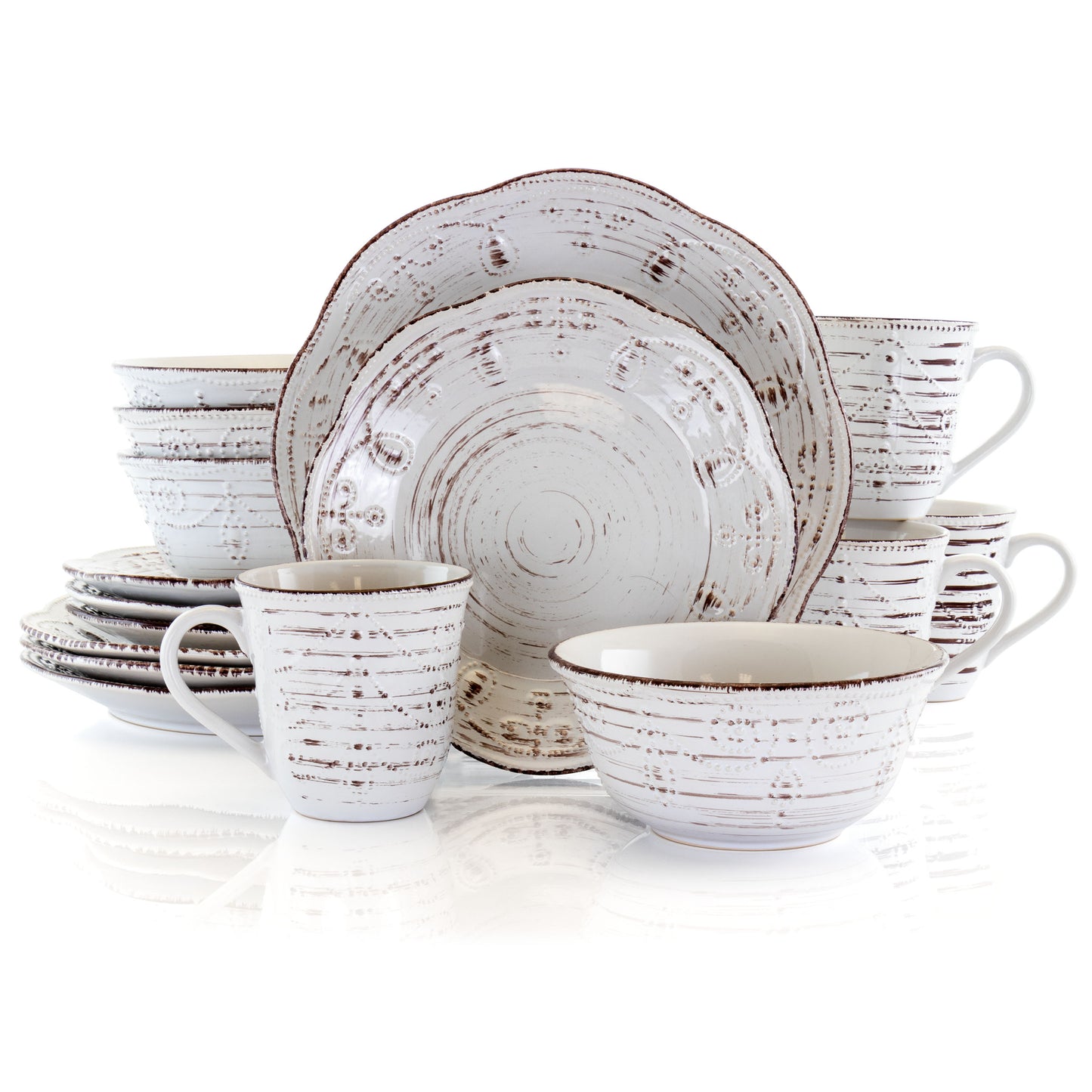 Elama Rustic Birch 16 pc Stoneware Round Dinnerware Set in White