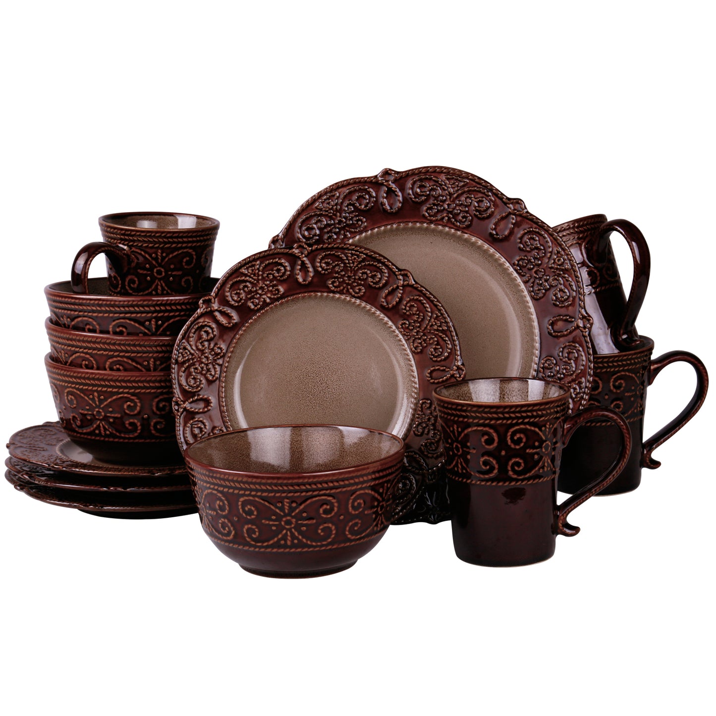 Elama Salia 16 Pc Round Embossed Scalloped Stoneware Dinnerware Set in Beige