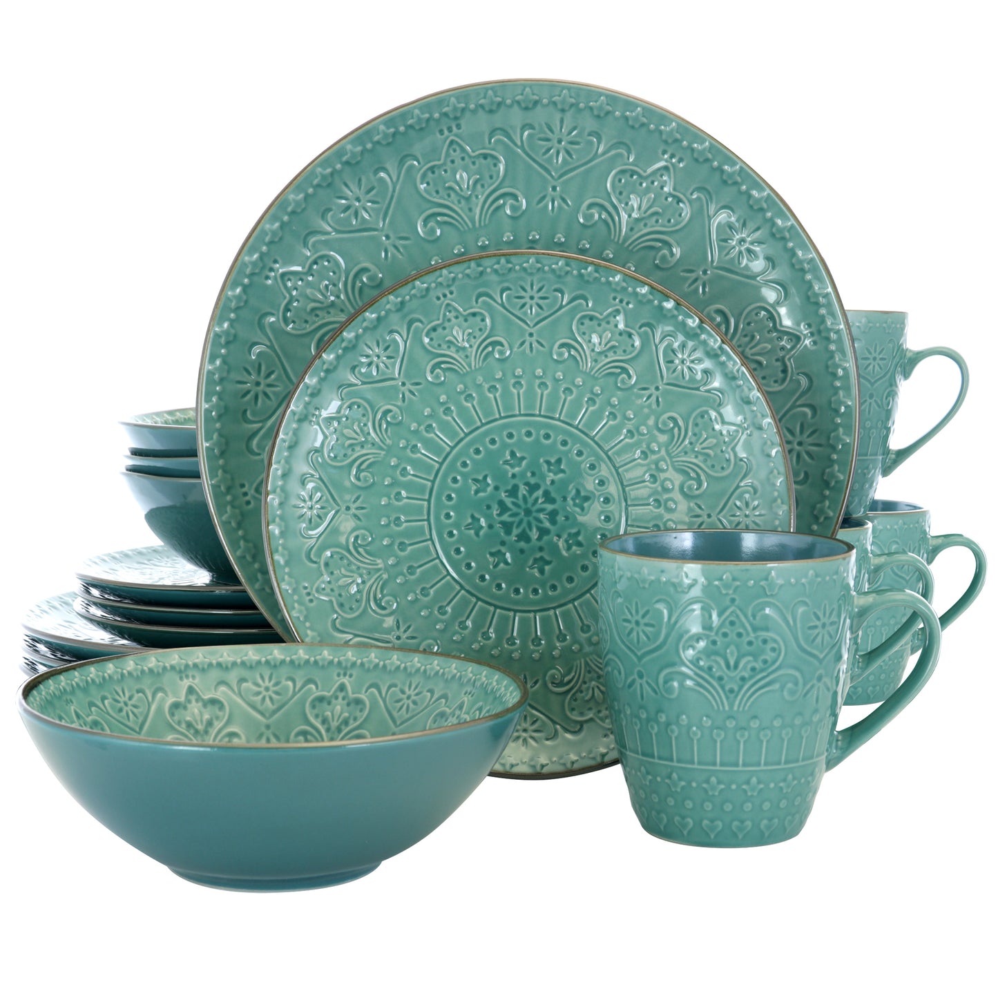 Elama Sea Foam Mozaic 16 Pc Round Mandala Texture Stoneware Dinnerware Set for 4
