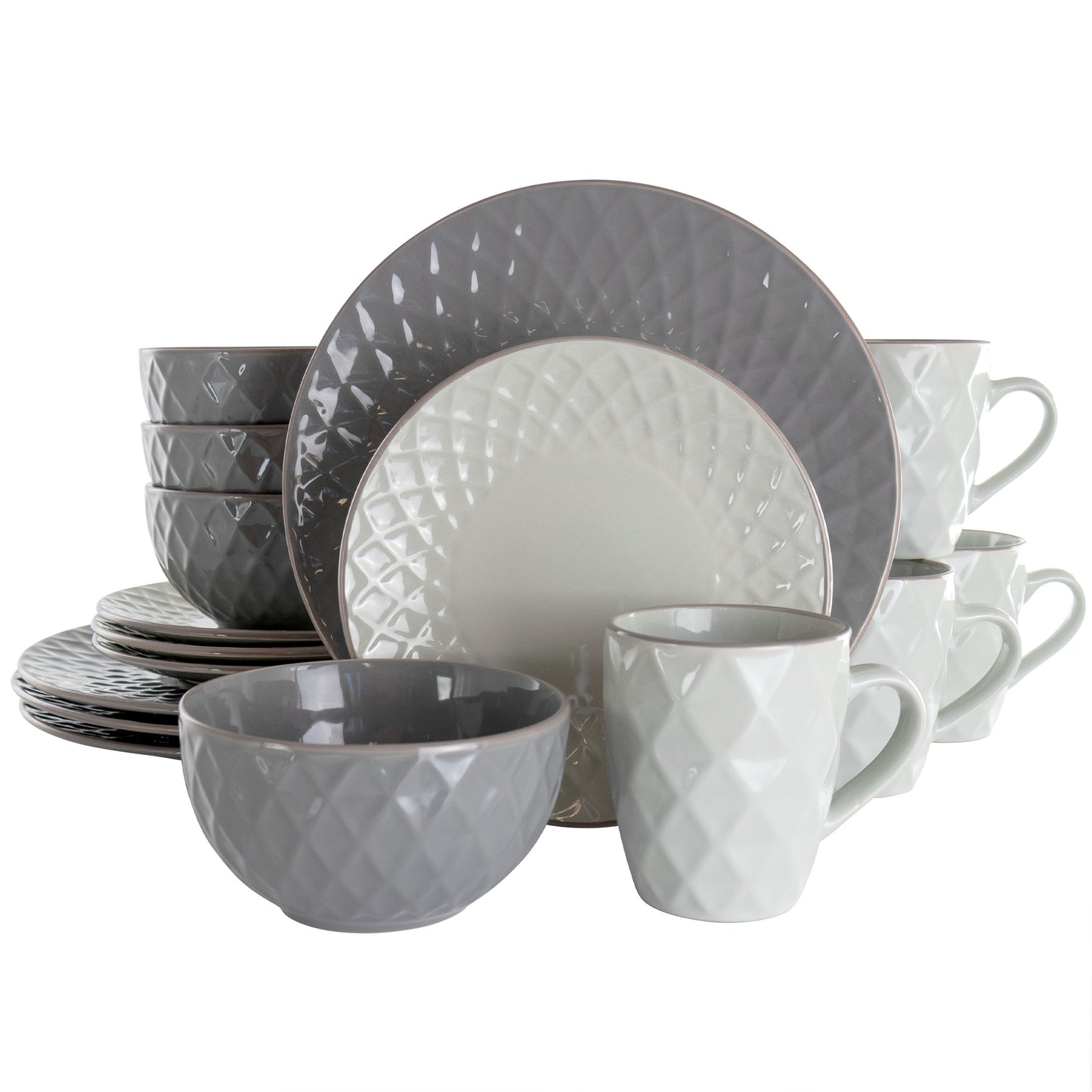 Elama Tahitian Diamond 16 pc Stoneware Dinnerware Set in Slate & Pearl