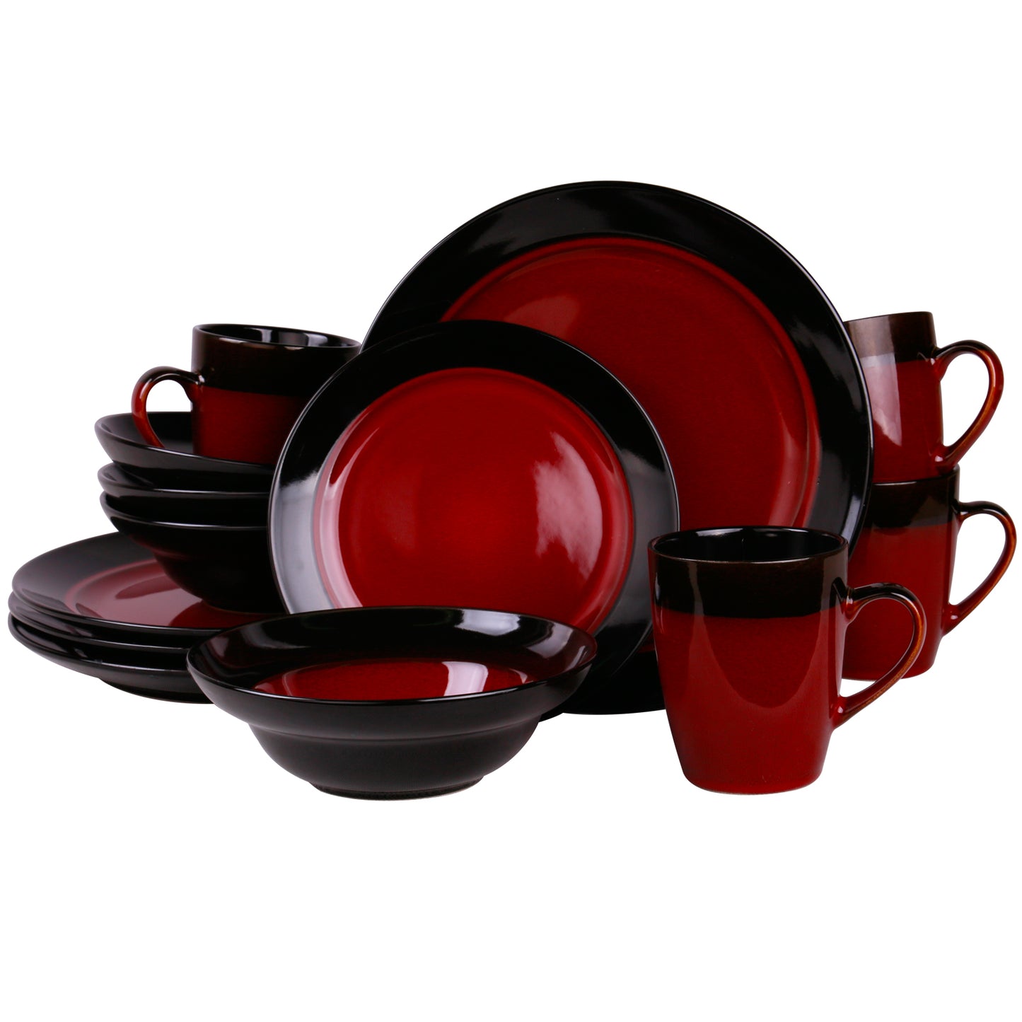 Elama Tanizia 16 pc Round Stoneware Red & Black High Gloss Dinnerware Set for 4
