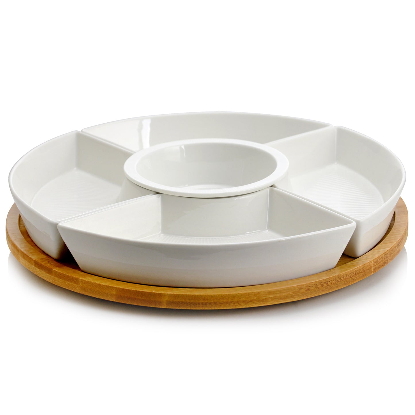 Elama Signature 12-1/4" White 6 Pc Bamboo Lazy Susan Appetizer Condiment Server
