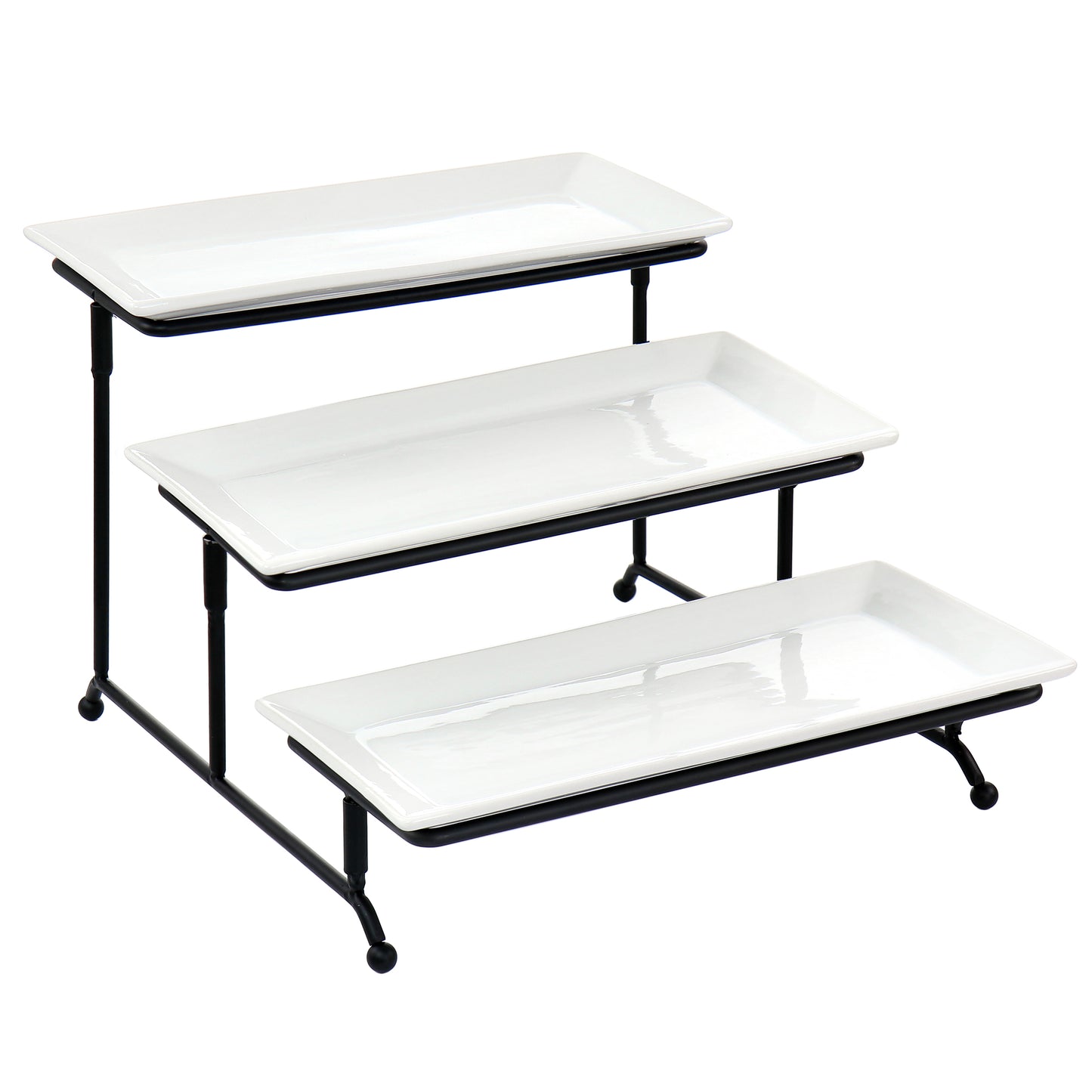 Elama 3 Tier Porcelain Plate Dish Serving Serveware Set with Black Metal Stand