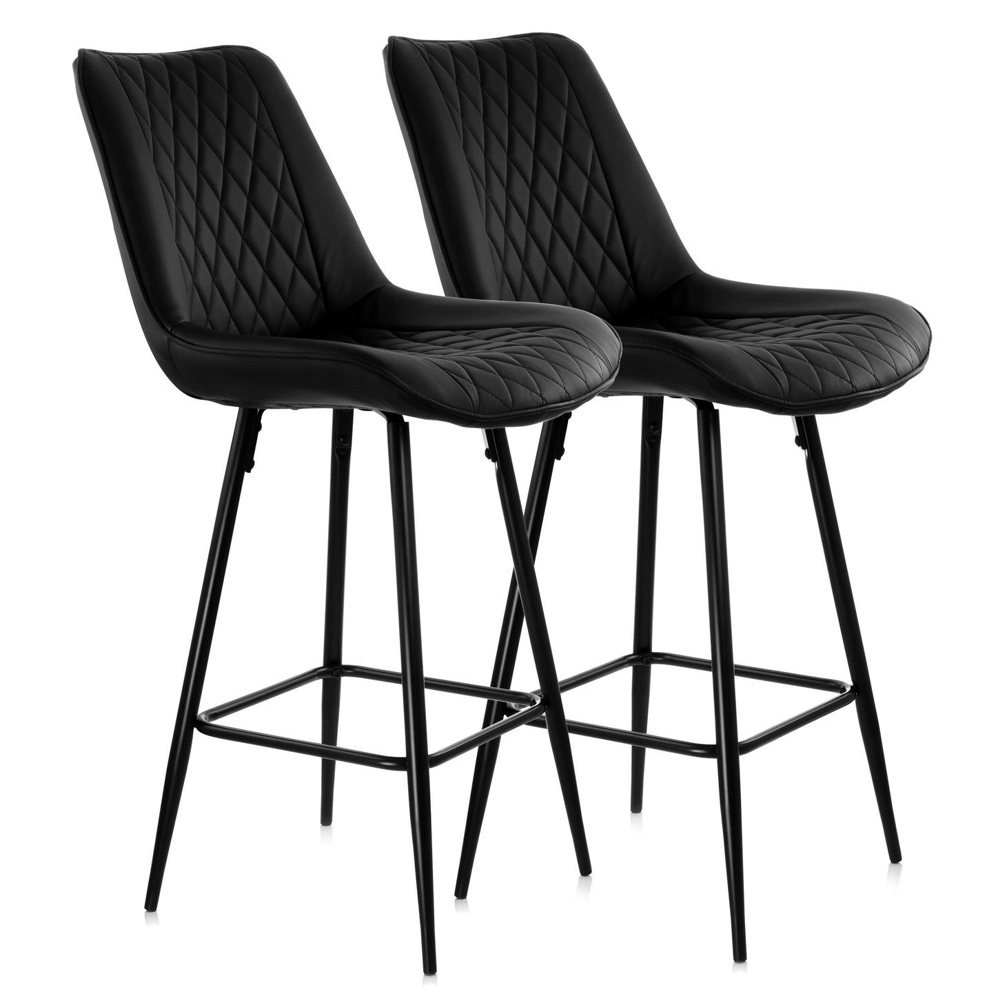 Elama 2 Piece Diamond Stitched Faux Leather Bar Chair in Black w Metal Legs