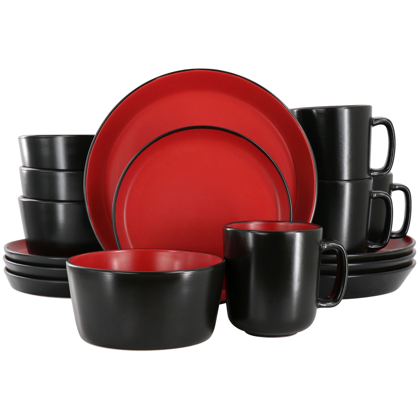 Elama Bacarra 16 pc Stoneware Dinnerware Set in Two Tone Black & Red