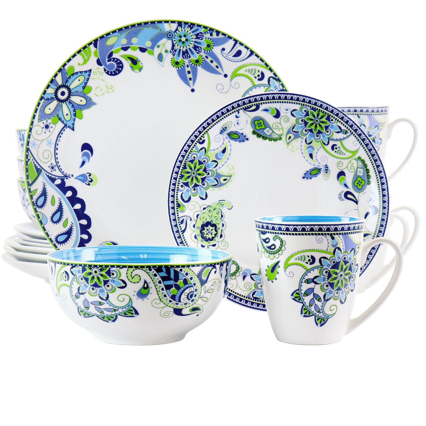 Elama Blue Fiesta 16pc Round Mandala Pattern Blue Green Porcelain Dinnerware Set