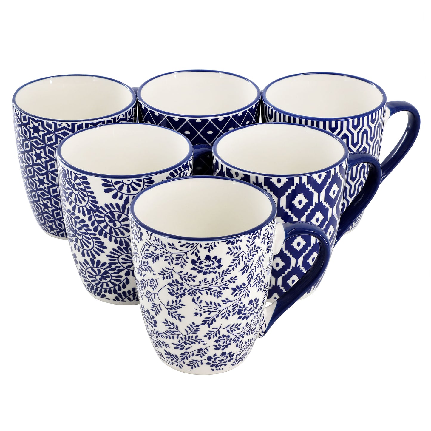 Elama Declan 6 Piece 12 oz Assorted Design Stoneware Mug Set Blue & White