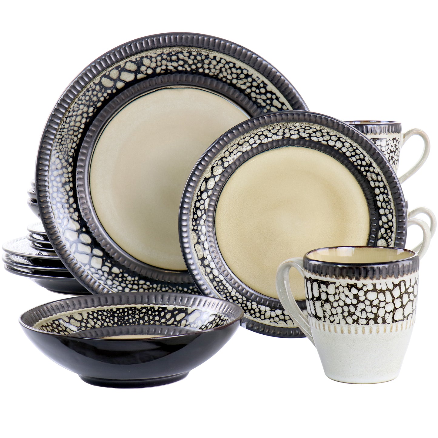 Elama Desert Sand 16 pc Round Taupe Stoneware Dinnerware Complete Set for 4