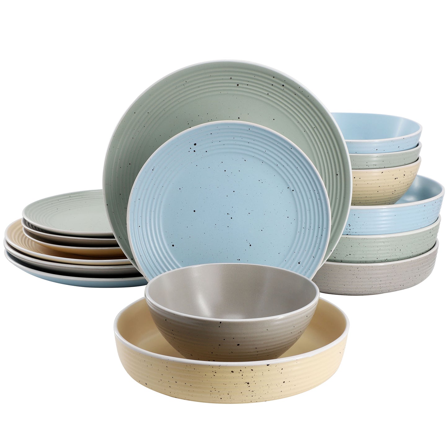 Elama Emilia 16 Piece Assorted Double Bowl Stoneware Dinnerware Set Speckled Mul