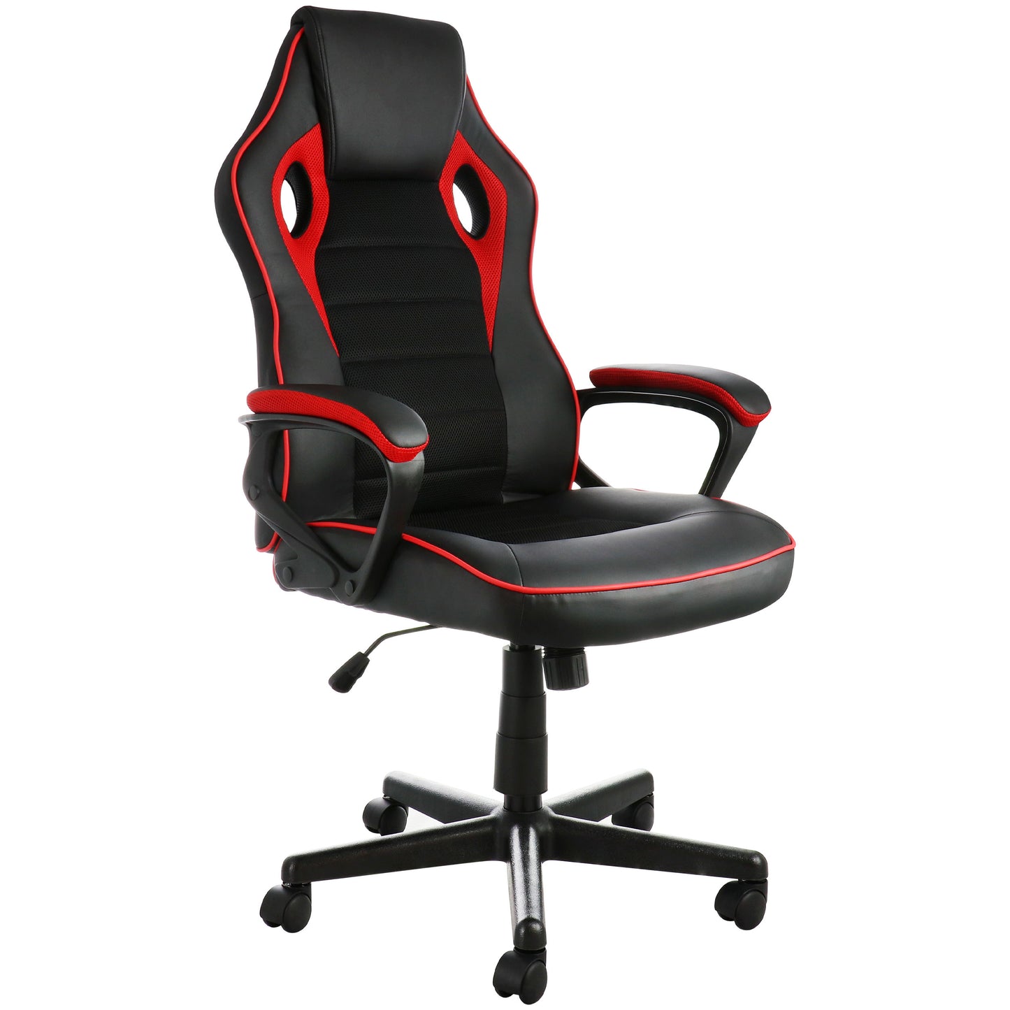 Elama High Back Adjustable Faux Leather Office Chair w Mesh & Fabric Black & Red