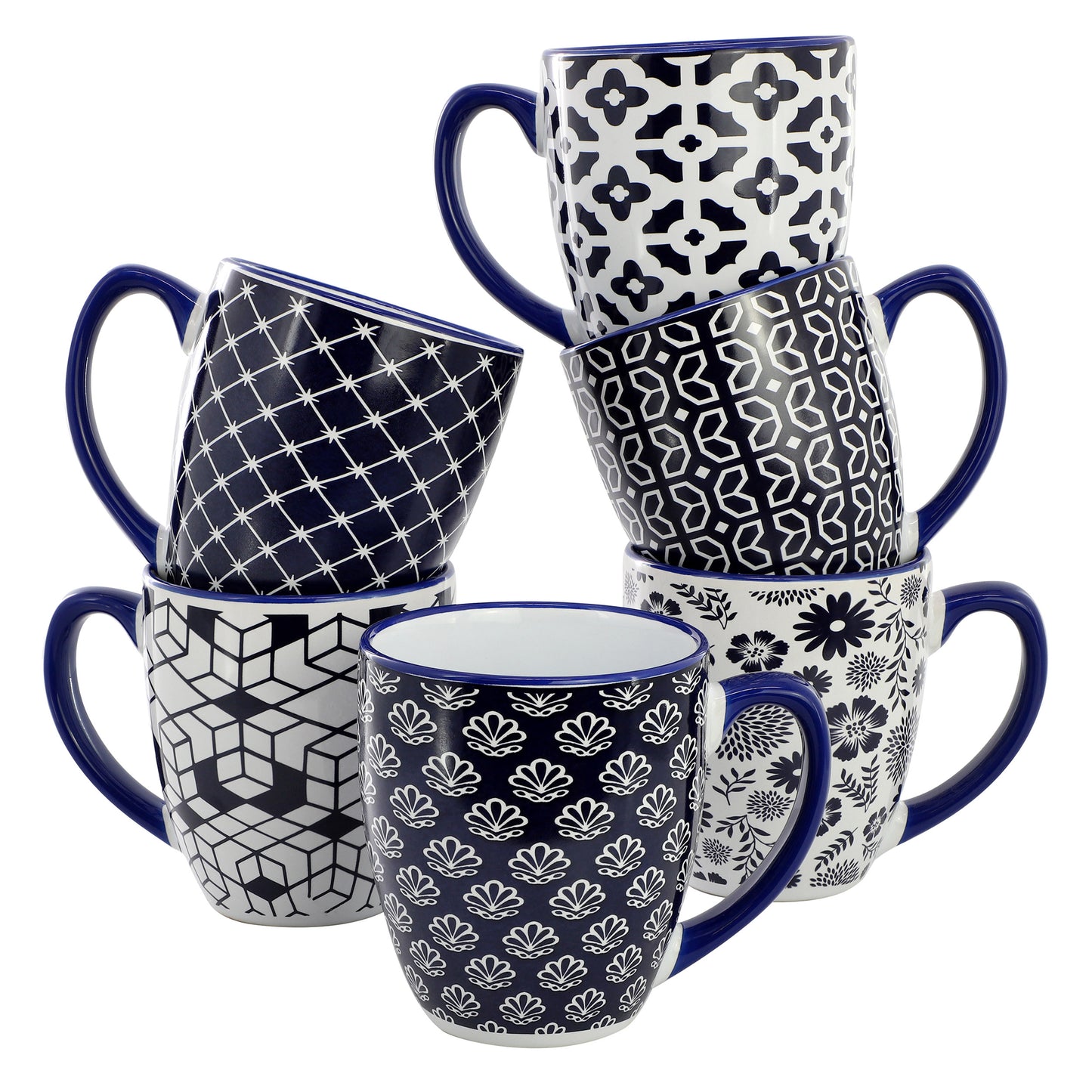 Elama Flyn 6 Piece 16 oz Assorted Design Stoneware Mug Set in Navy Blue & White