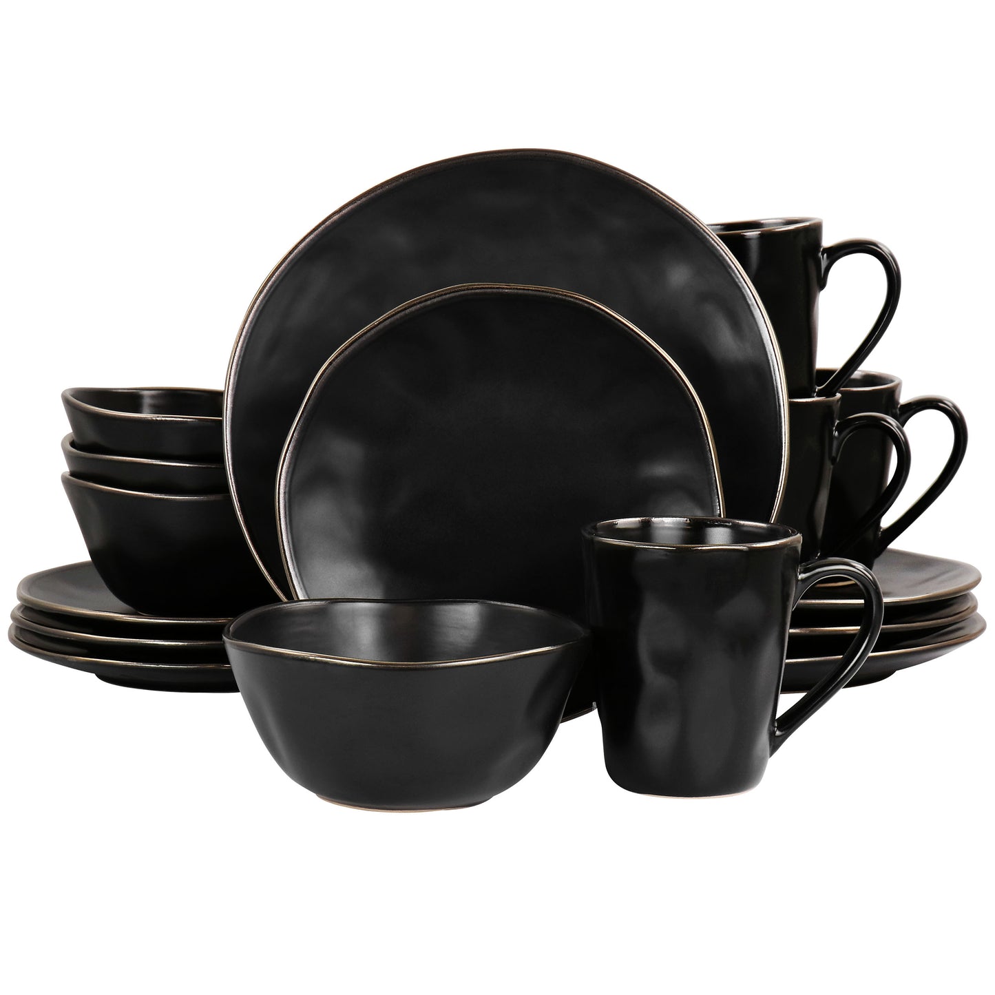 Elama Modern 16 pc Stoneware Dinnerware Set in Matte Black w Gold Rim