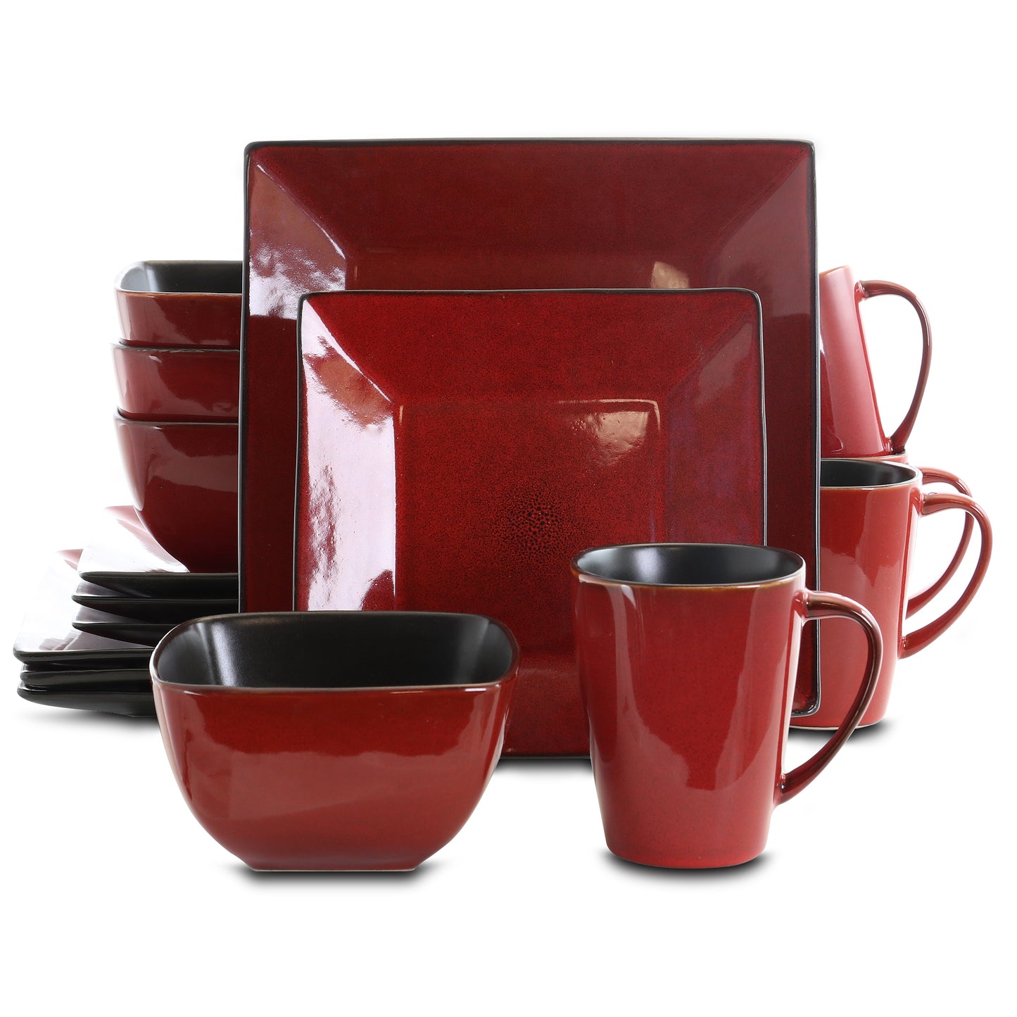 Elama Harland Loft 16 pc Square Red Stoneware Complete Dinnerware Set 4