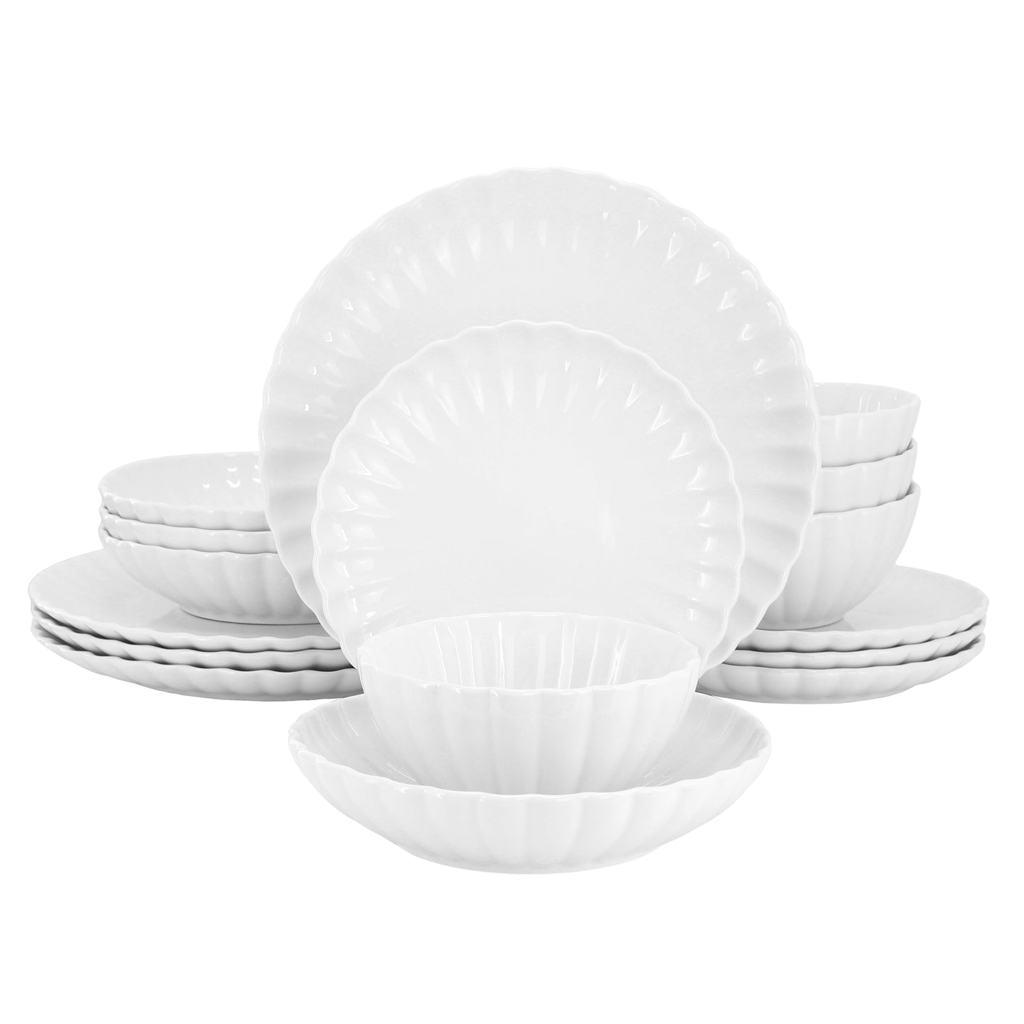 Elama Jane 16 Piece Scalloped Double Bowl Porcelain Dinnerware Set White