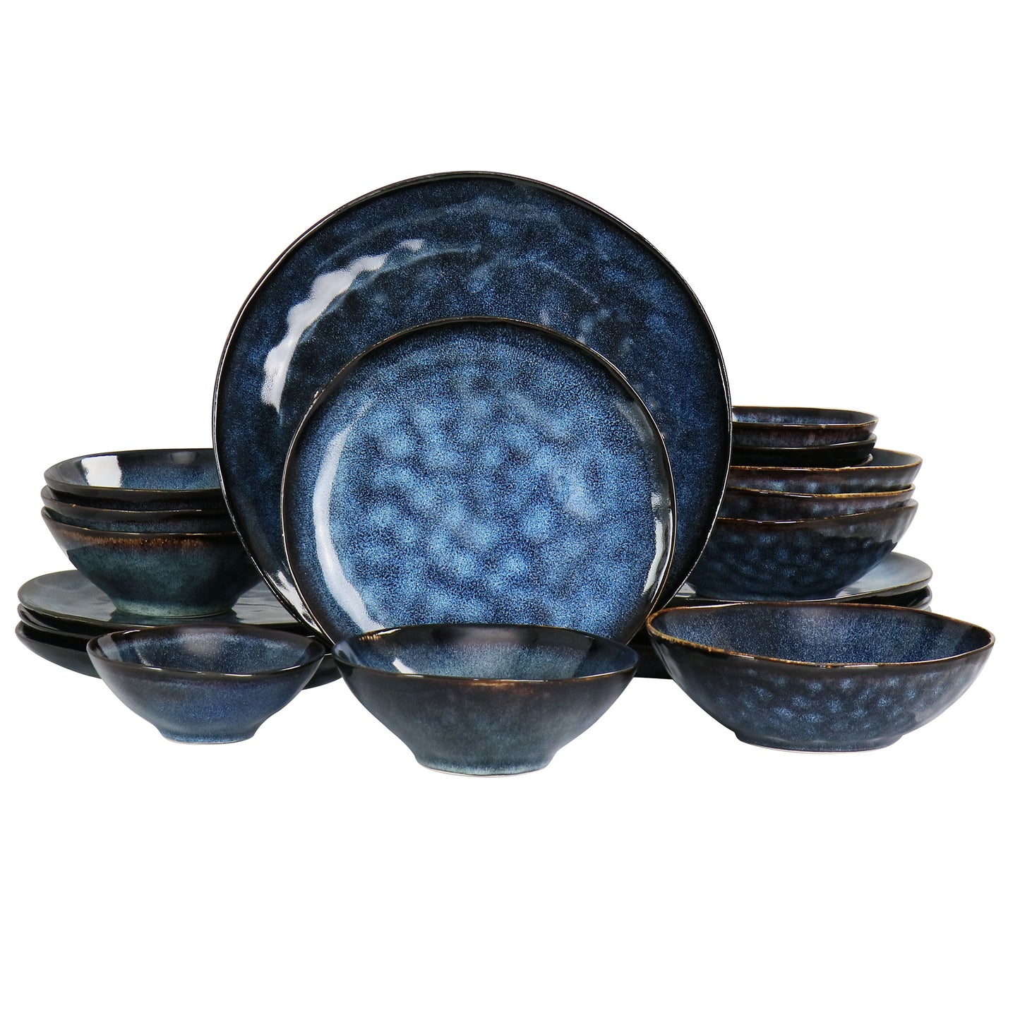 Elama Lucca 20 pc Round Reactive Blue Stoneware Triple Bowl Dinnerware Set