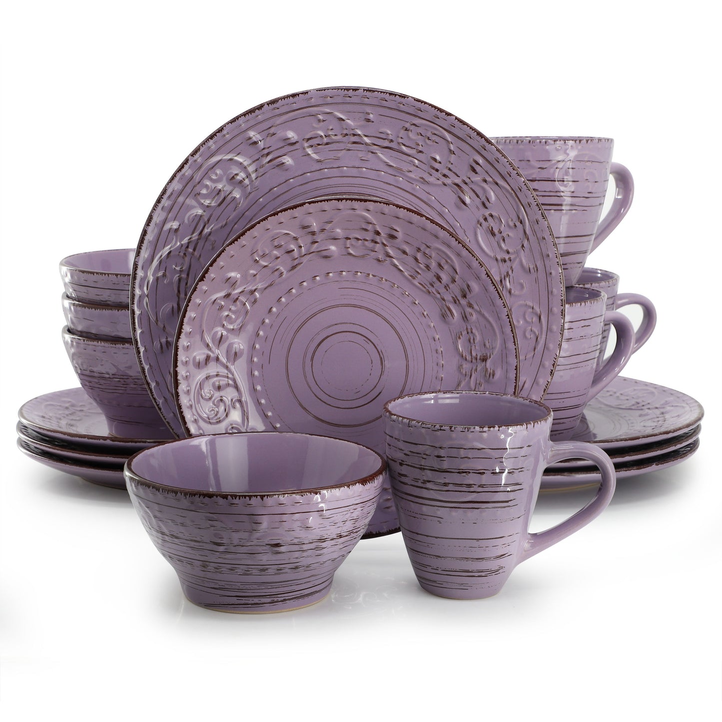 Elama Malibu Mica 16-Piece Stoneware Dinnerware Set Purple