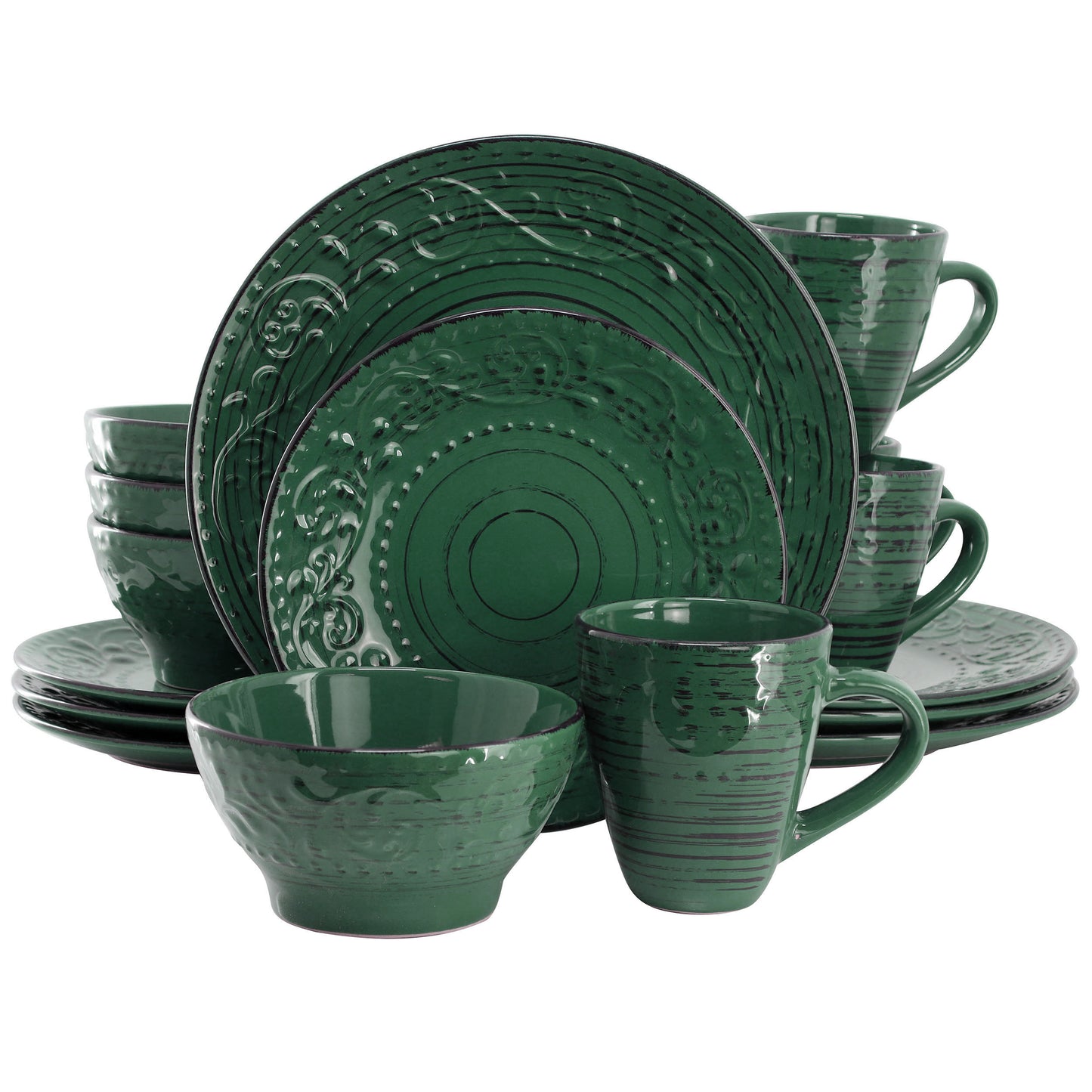 Elama Malibu Sea Glass 16-Piece Dinnerware Set Dark Green