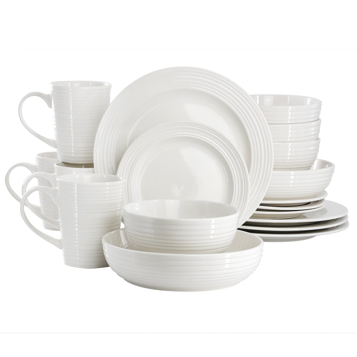 Elama Nikki 18 Piece Ribbed White Porcelain Dinnerware & Serving Bowl Set