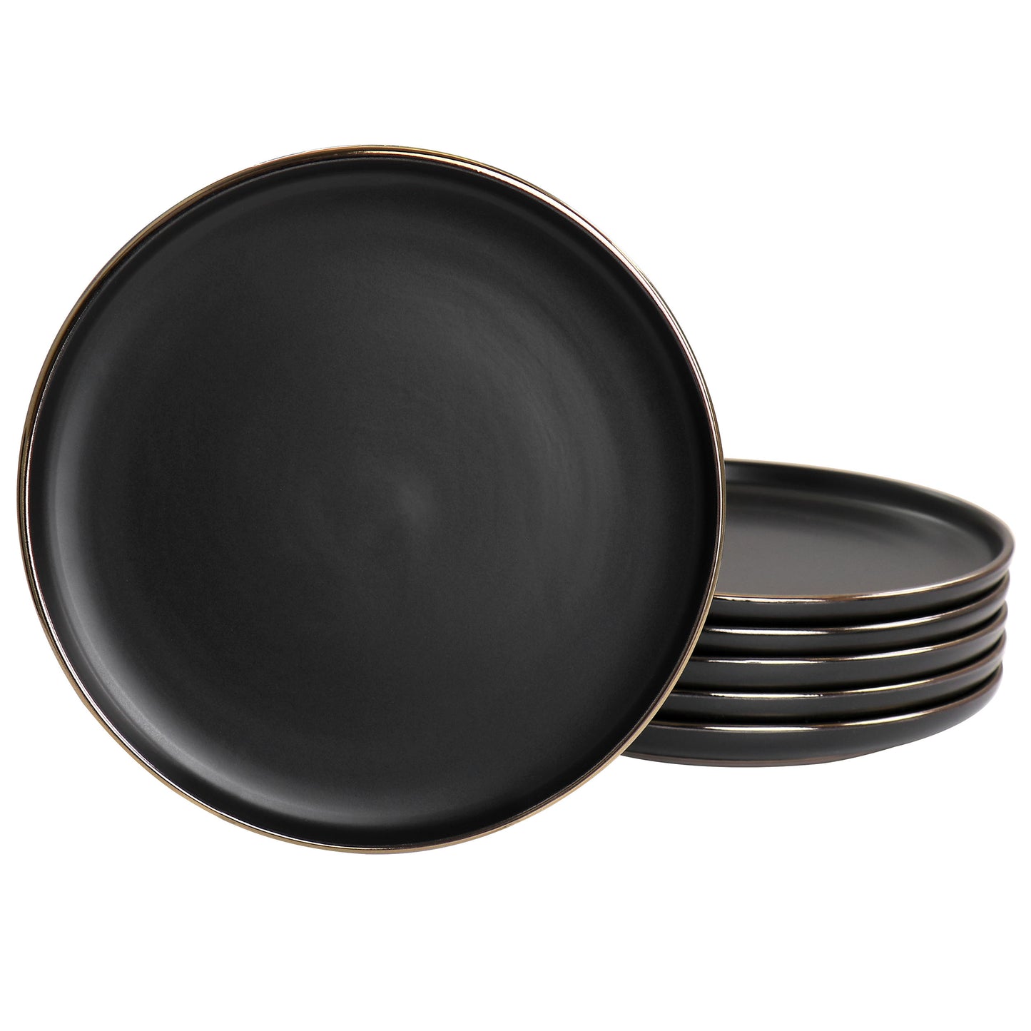Elama Paul 6 Piece Stoneware Salad Plate Set Matte Black w Gold Rim