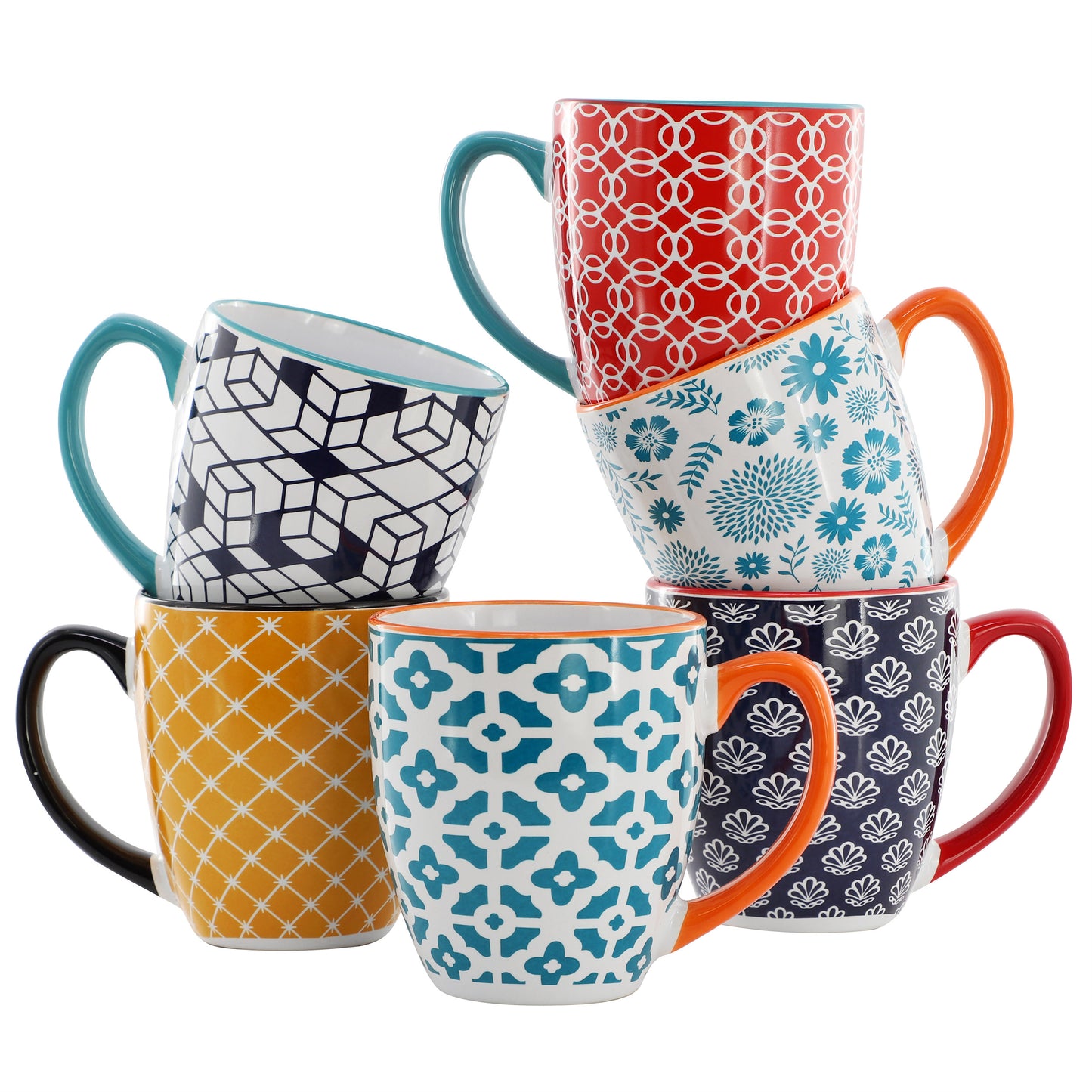 Elama Rory 6 Piece 16 oz Assorted Design Stoneware Mug Set in Assorted Colors