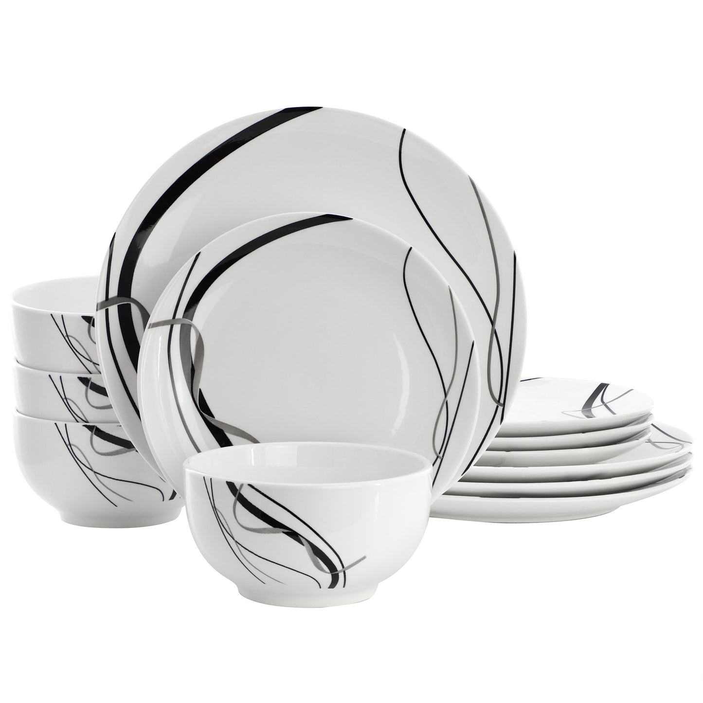 Elama Sarah 12 Piece Porcelain Black Ribbon Dinnerware Set for 4 White & Black