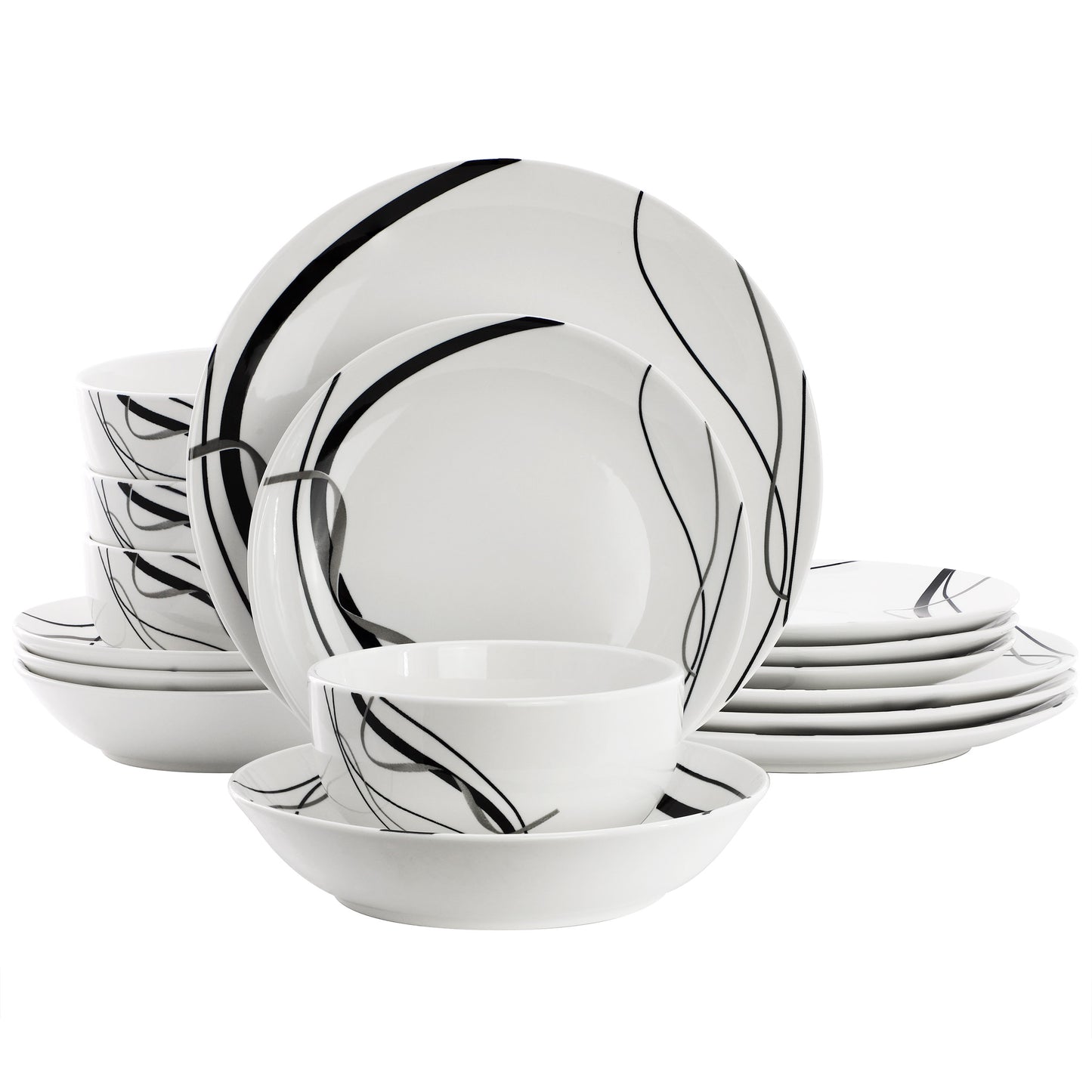 Elama Sarah 16 Pc Porcelain White w Black Ribbon Double Bowl Dinnerware Set for
