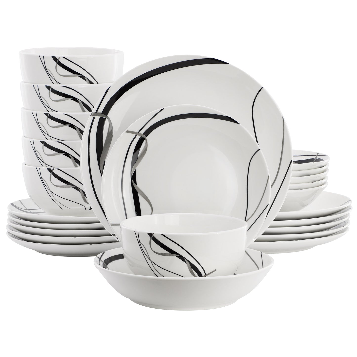 Elama Sarah 24 Piece Porcelain Black Ribbon Double Bowl Dinnerware Set for 6 in