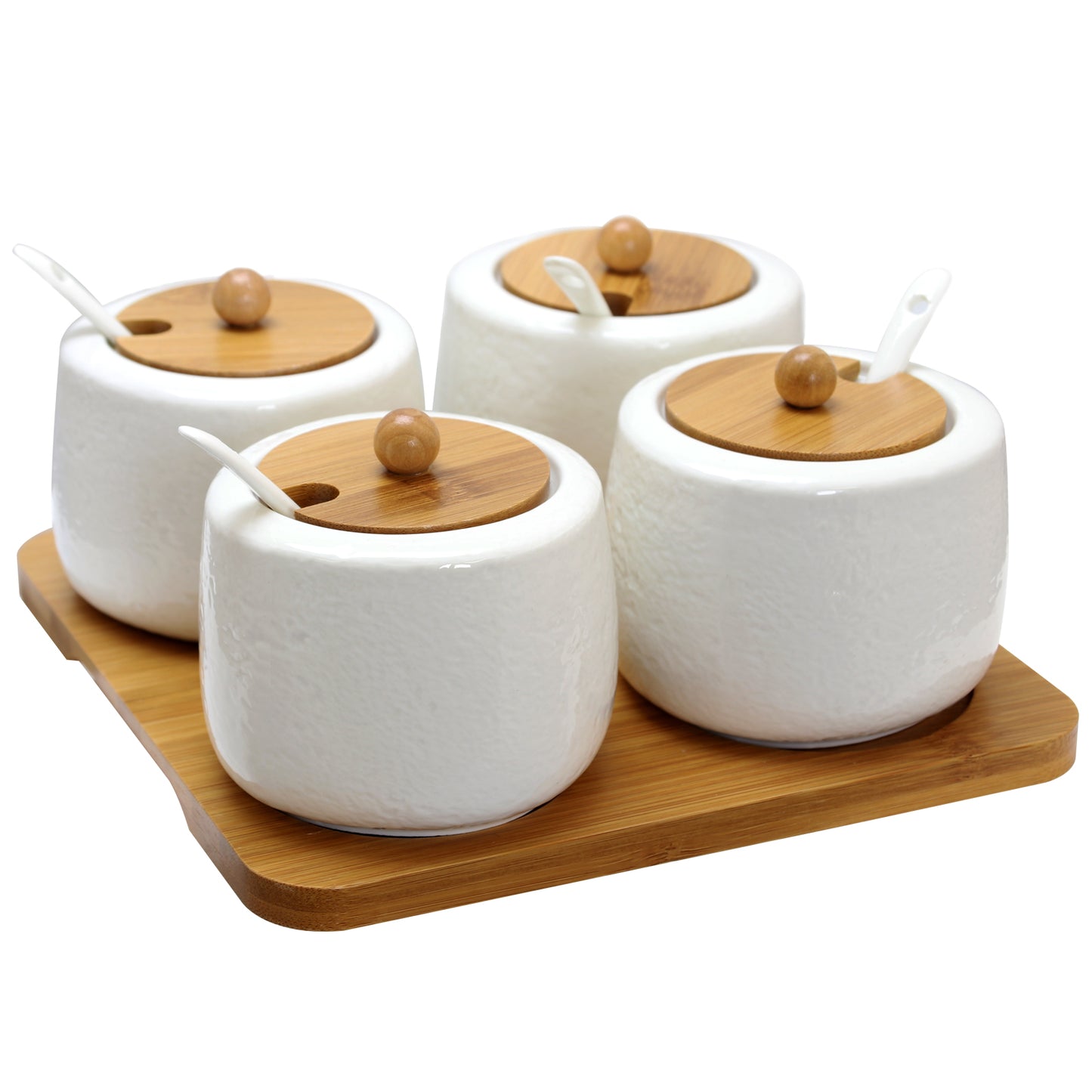 Elama Ceramic Spice Jam & Salsa Jars w Bamboo Lids & Serving Spoons
