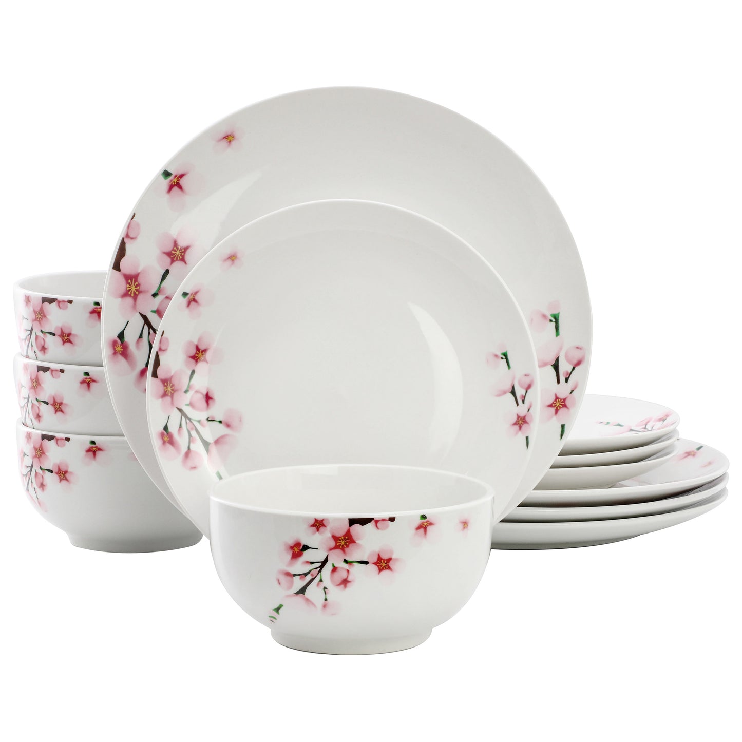 Elama Tamara 12 Piece Cherry Blossom Porcelain Dinnerware Set for 4 White & Pink
