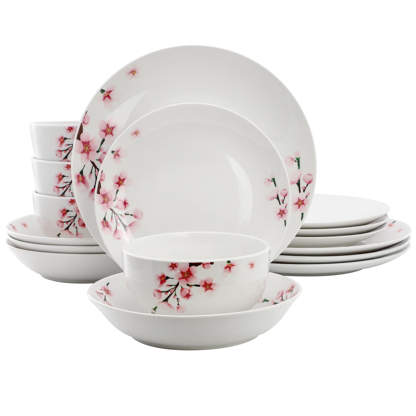 Elama Tamara 16 Piece Cherry Blossom Porcelain Double Bowl Dinnerware Set for 4