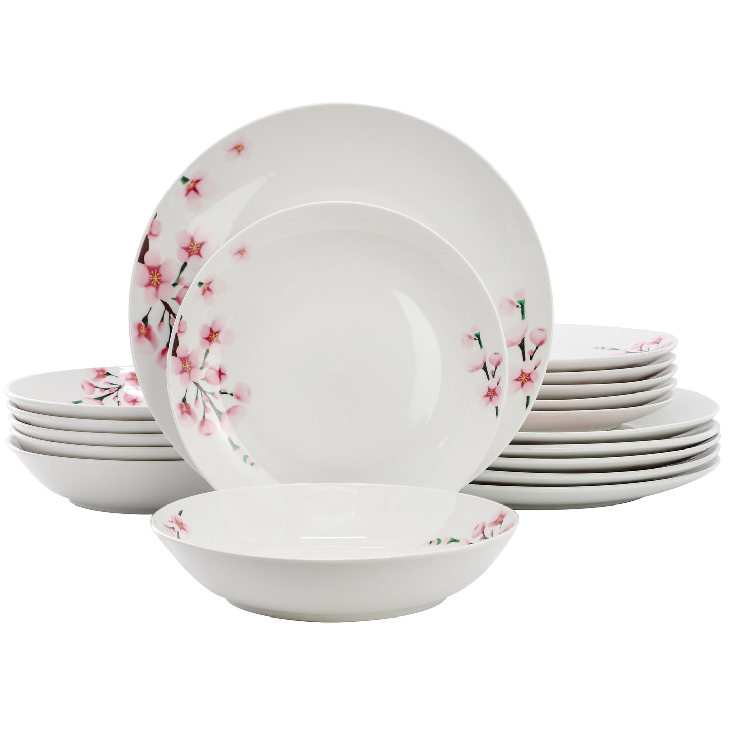 Elama Tamara 18 Piece Cherry Blossom Porcelain White & Pink Dinnerware Set for 6