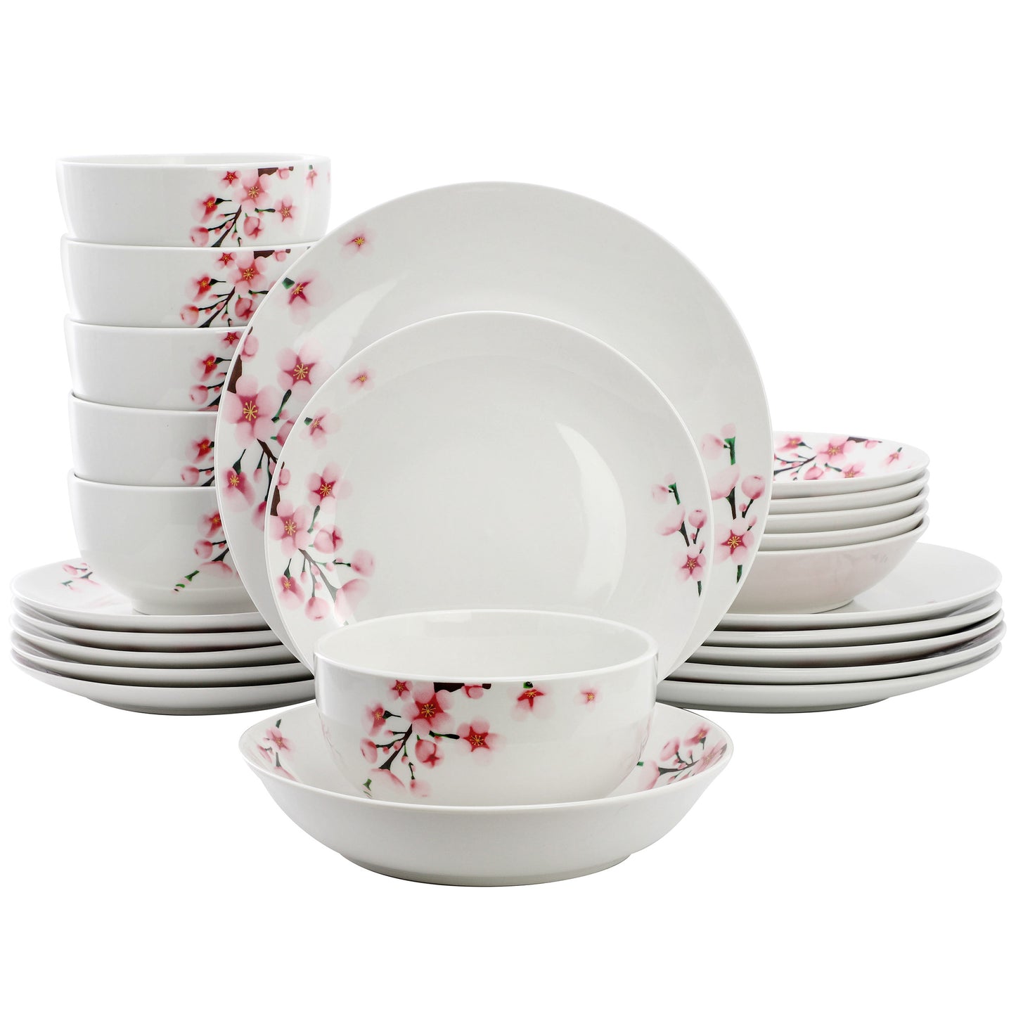 Elama Tamara 24 Pc Cherry Blossom White & Pink Porcelain Double Bowl Dinnerware