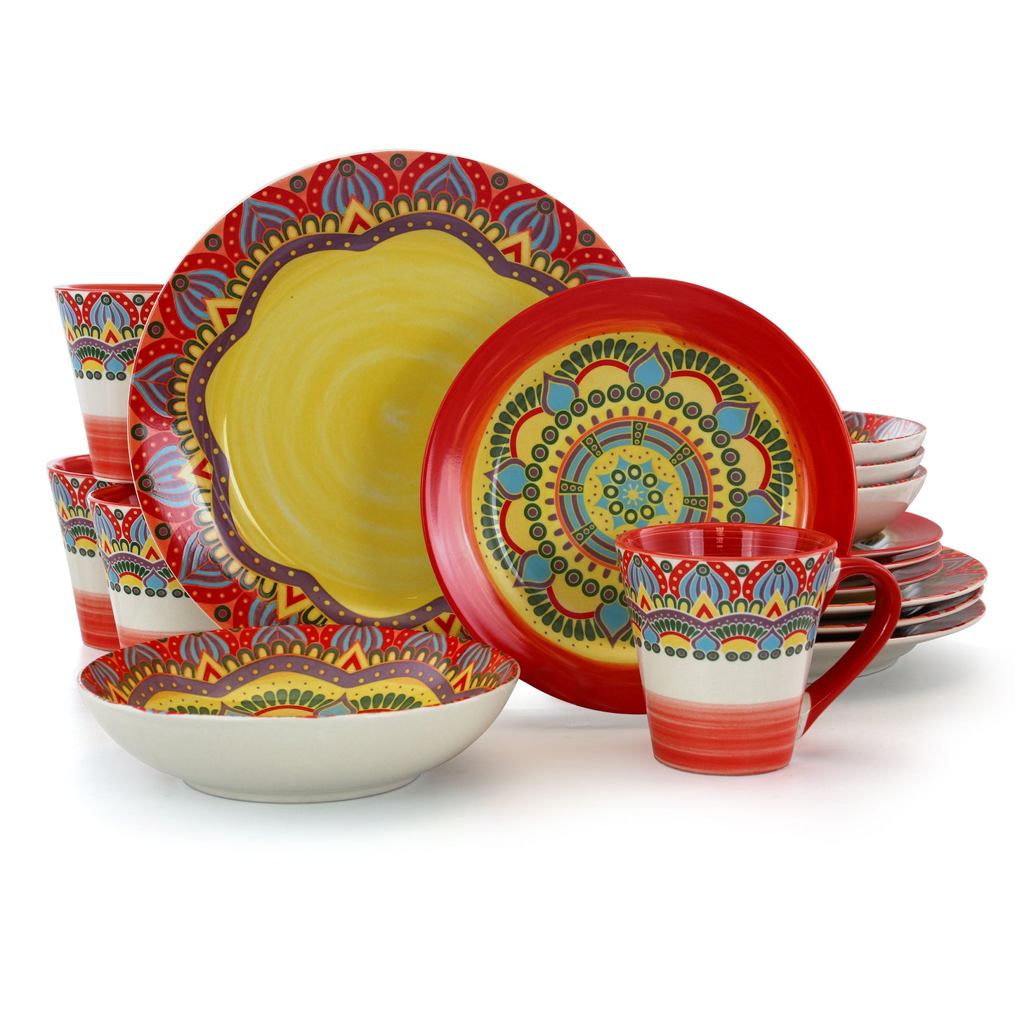 Elama Zen RED Mozaik 16 Pc Round Bohemian Mosaic Stoneware Dinnerware Set