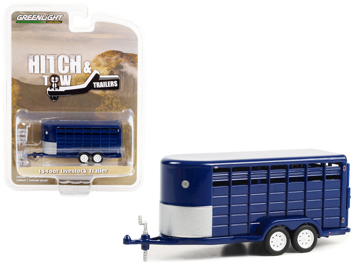 14-Foot Livestock Trailer Dark Blue Hitch & Tow Trailers Series 1/64 Diecast Mo