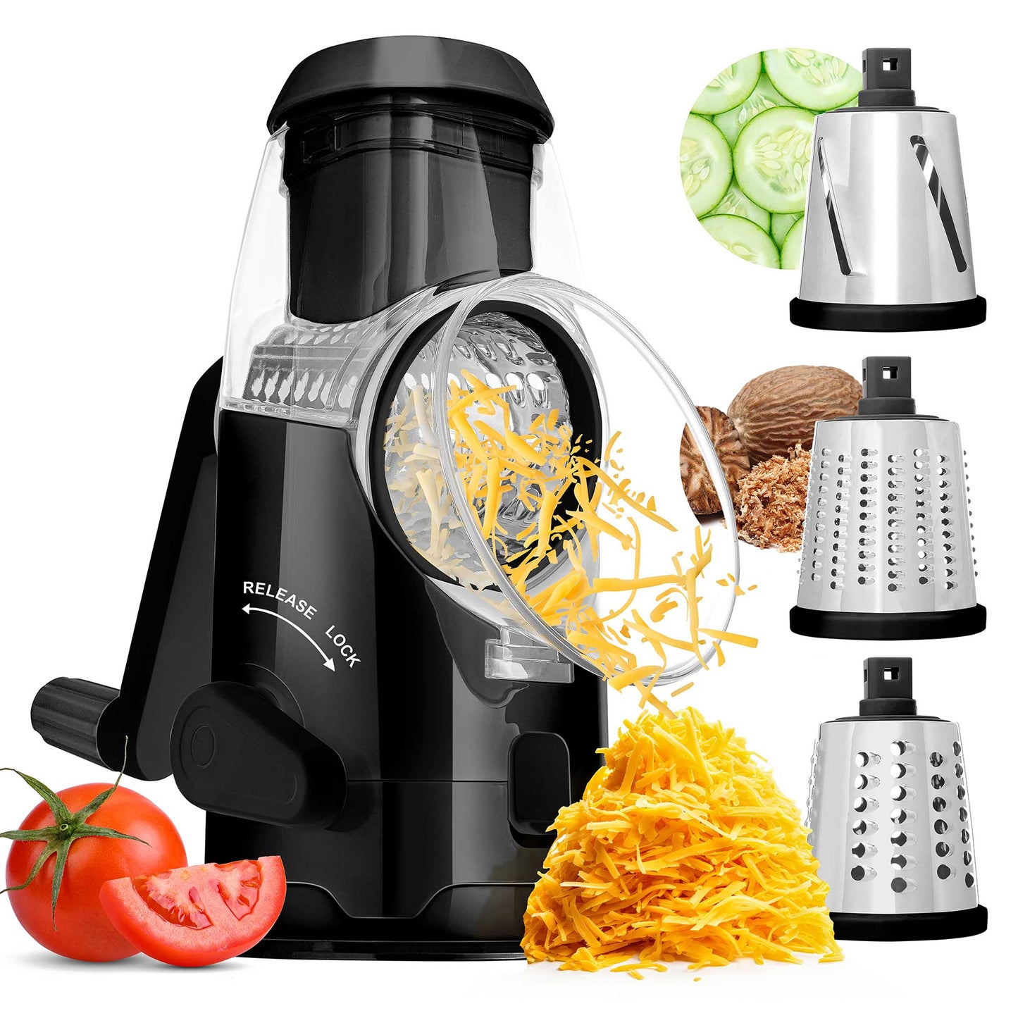 Brentwood Rotary Cheese Grater Slicer in Black w 3 Drum Blades