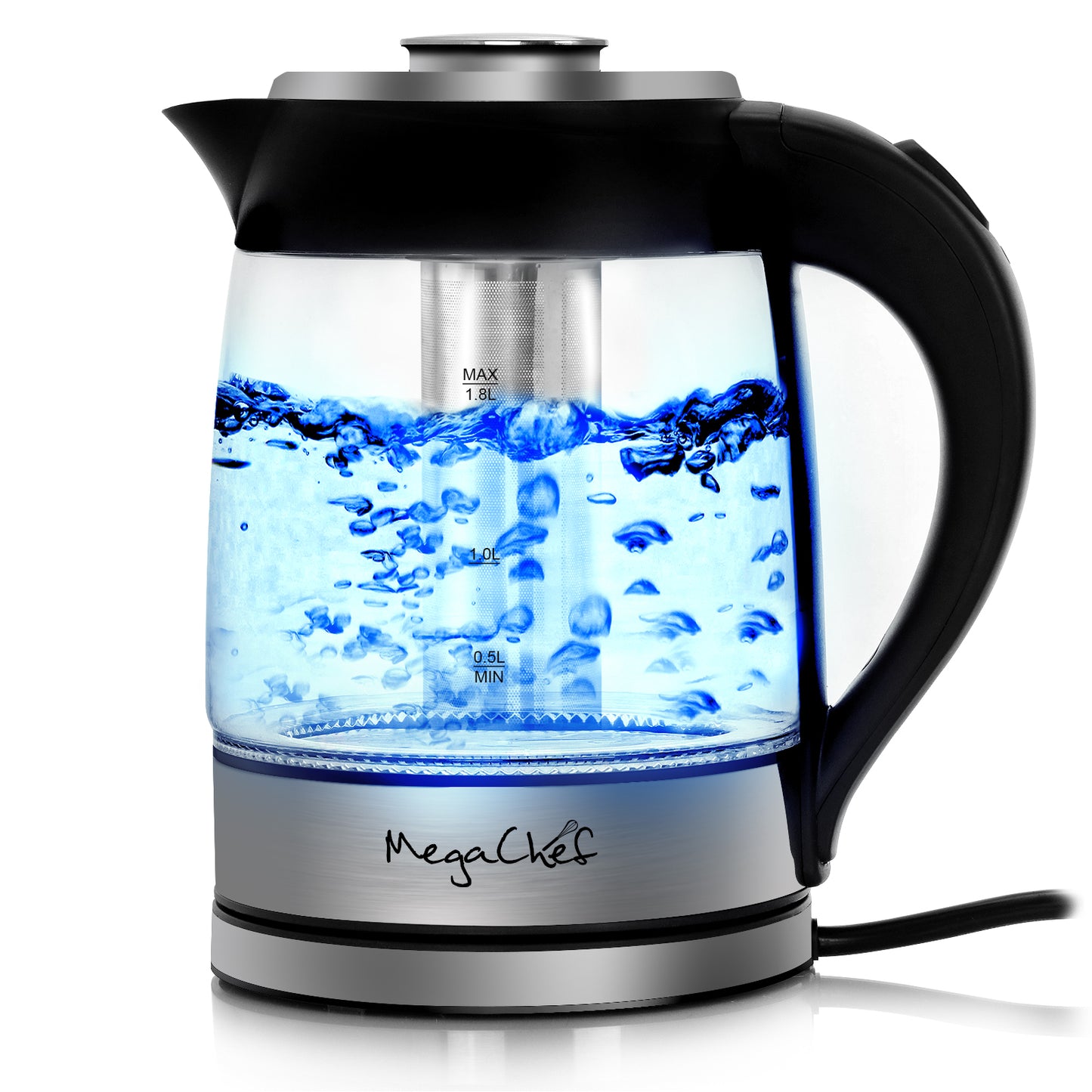 MegaChef 1.8 L Cordless Stainless Steel & Glass Electric Tea Kettle with Infuser
