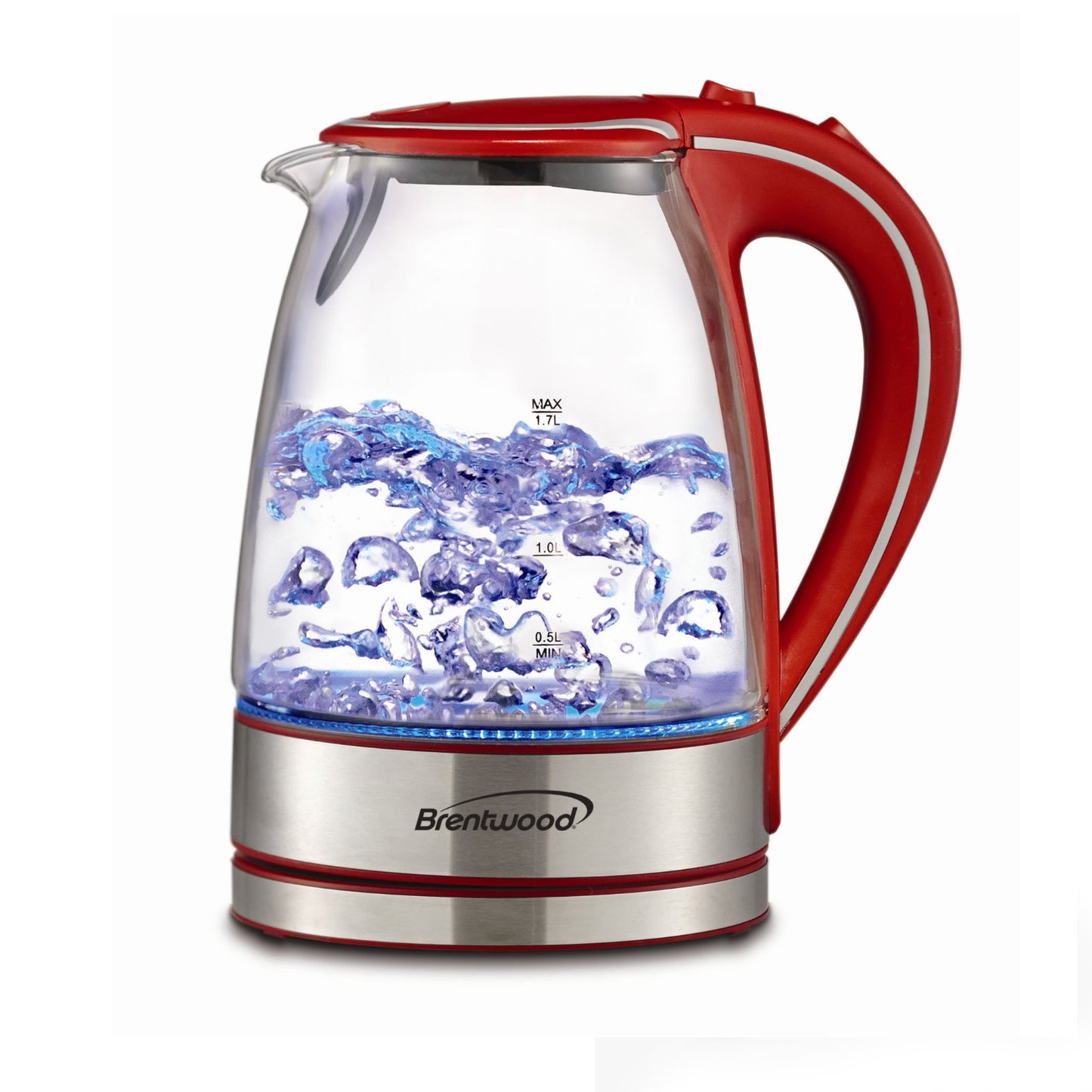 Brentwood 1.7 L Tempered Glass Cordless Pour RED Tea Kettle w Boil-Dry Auto-off
