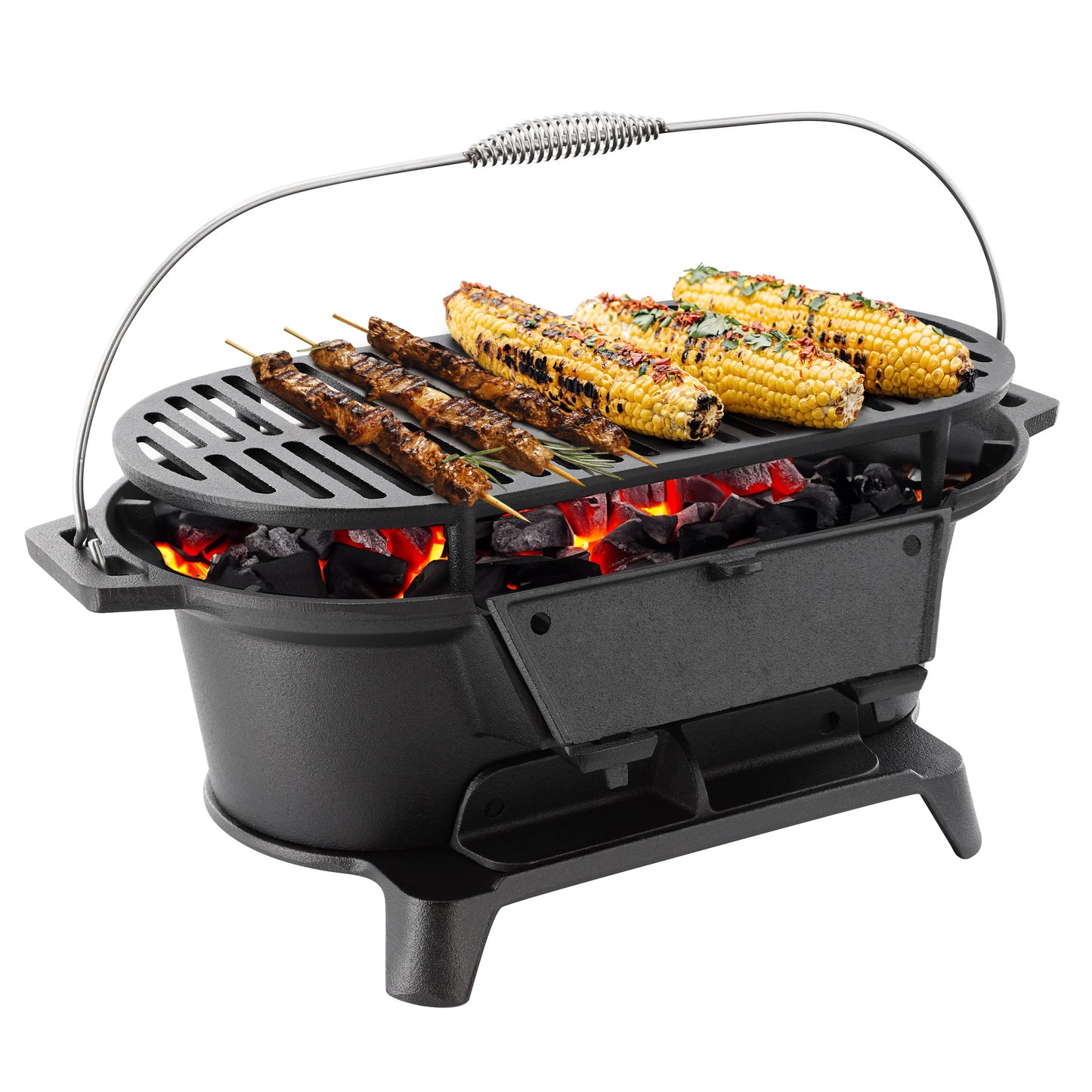 Megachef Oval Cast Iron Portable Hibachi Grill for Outdoor Use & Camping in Blac