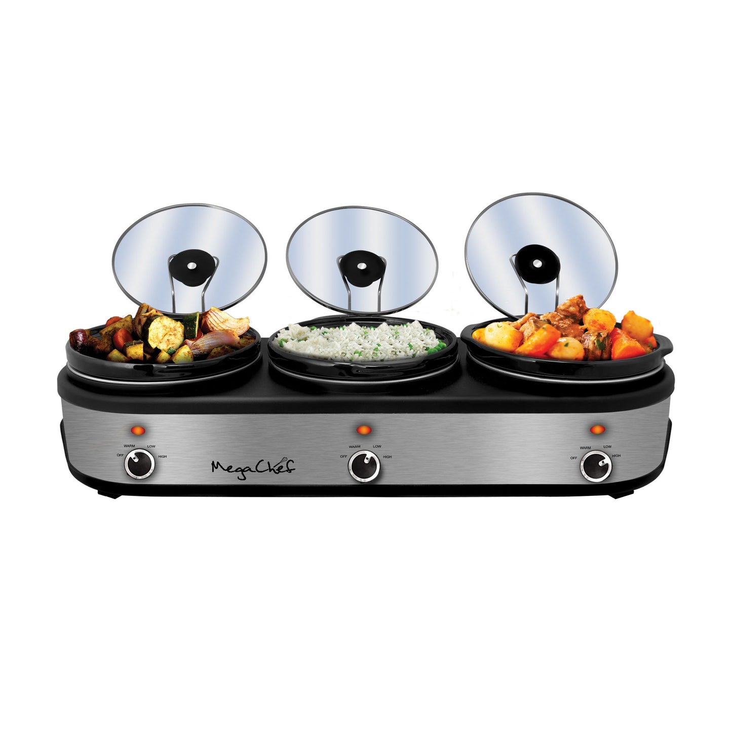 MegaChef Triple 2.5 Qt Slow Cooker and Buffet Server with Ceramic Pots Lid Rests