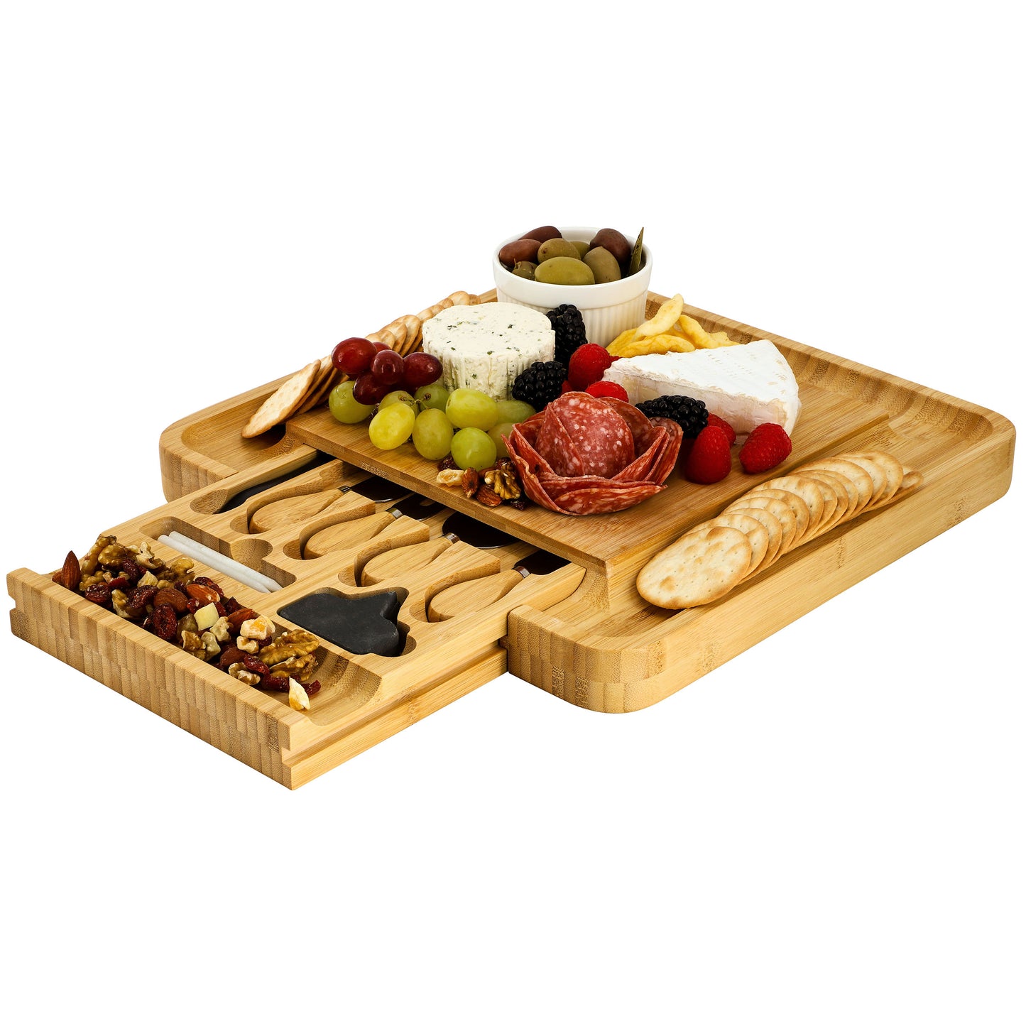 MegaChef Bamboo Charcuterie Cheese Board w Slide Out Drawer w Cheese Utensils Bo