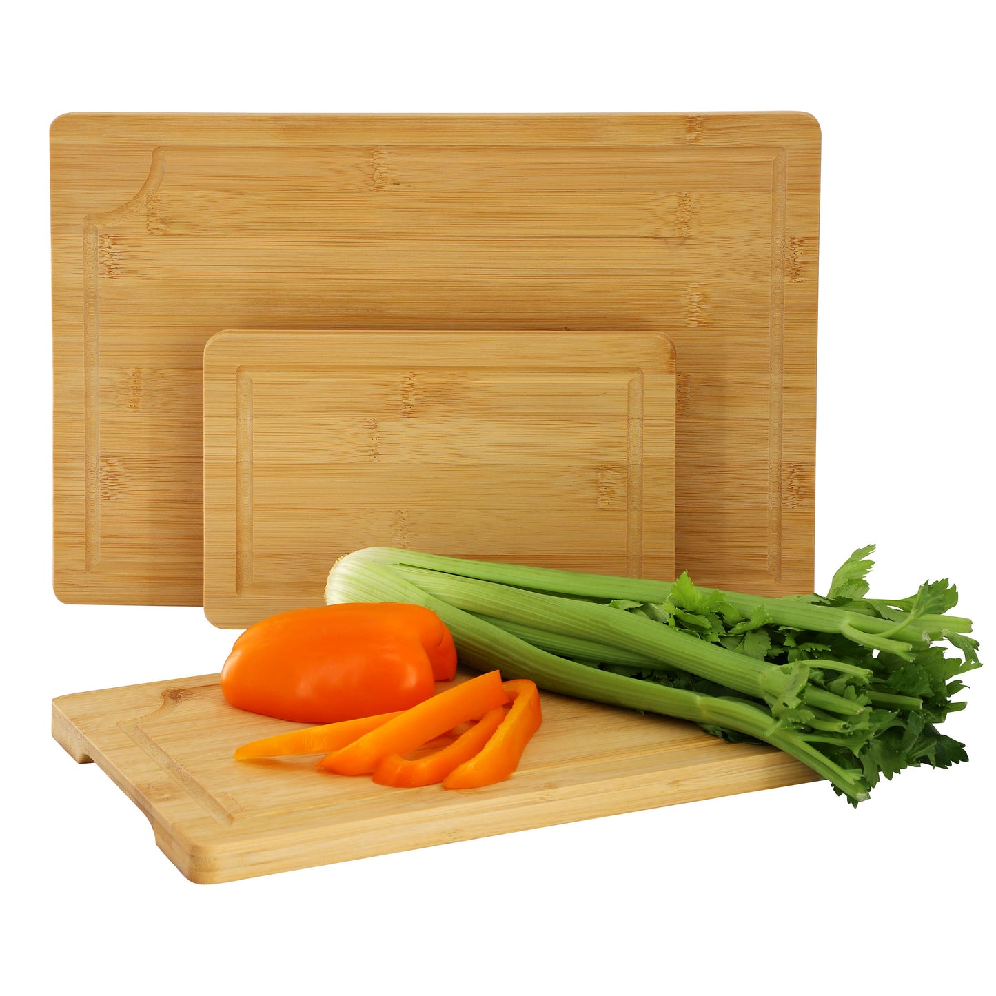 MegaChef 3 Piece 9" 12" & 15" Bamboo Wood Cutting Board Set w Juice Grooves