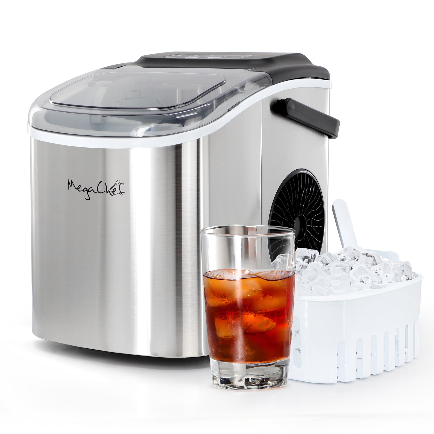 MegaChef 26 Pound Countertop Stainless Steel Bullet Ice Maker w Basket & Scooper