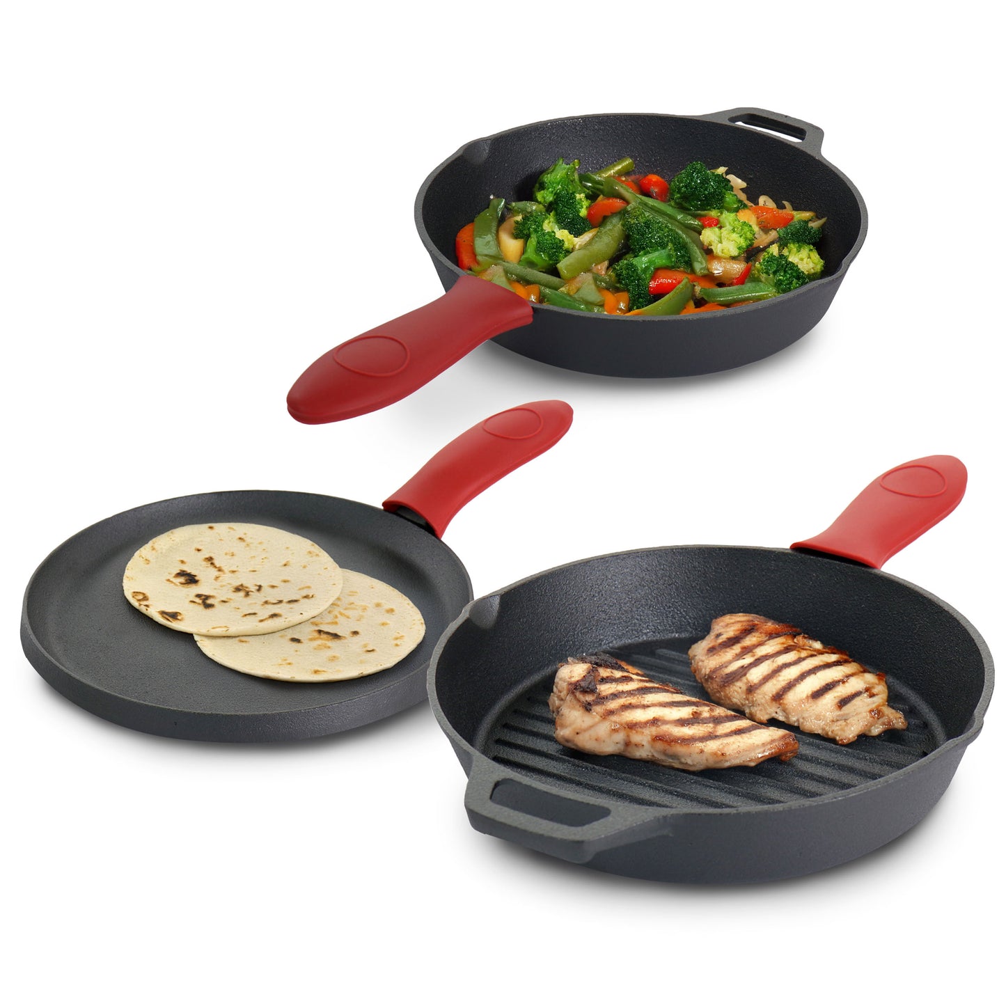 MegaChef Pre-Seasoned Cast Iron Pan Skillet Griddle Set w Red Silicone Holders