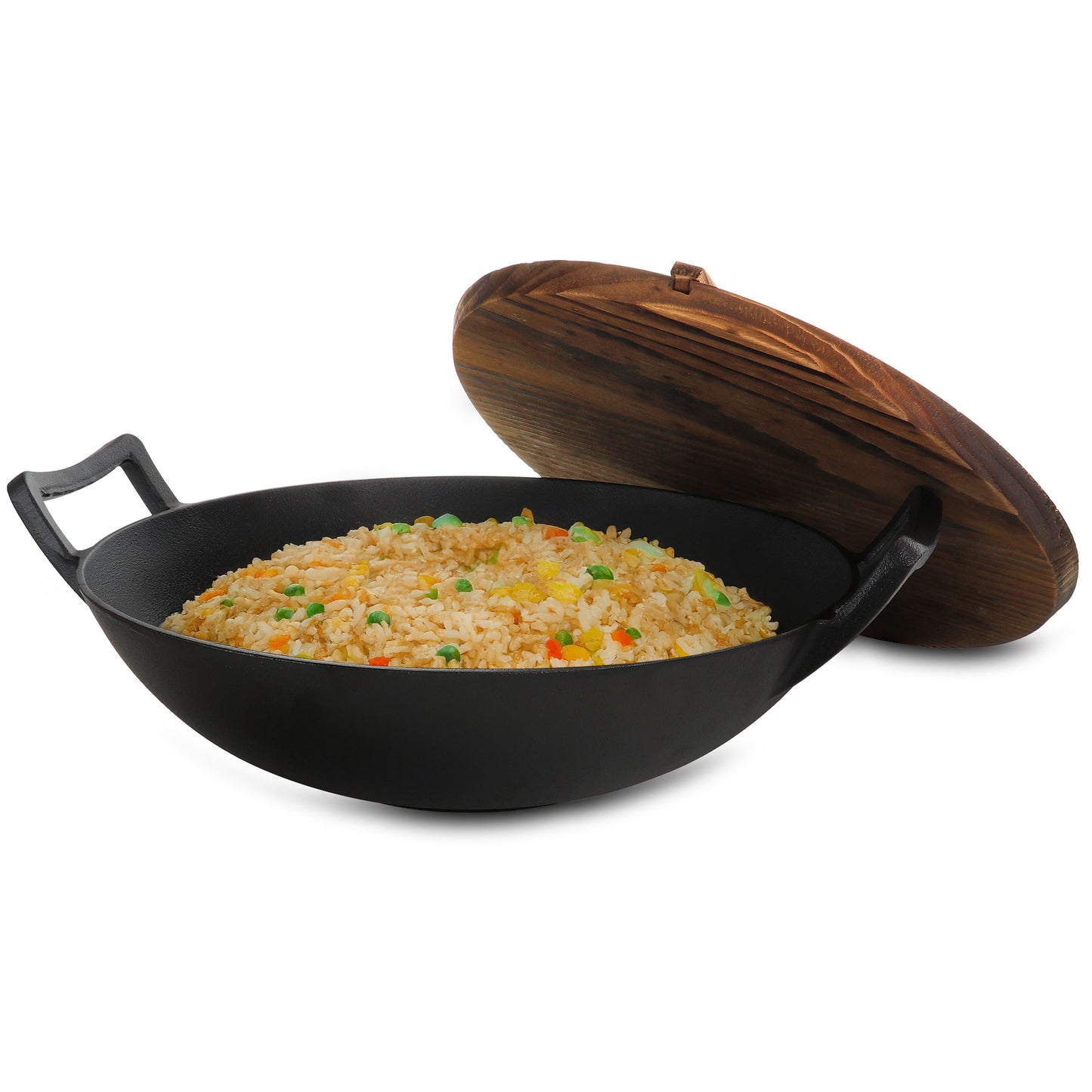 MegaChef 2 pc 14" Heavy Duty Cast Iron Wok w Wood Lid