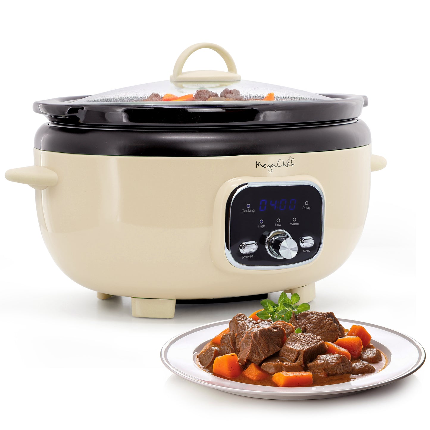 MegaChef 6.9 qt Oval Electric Digital Slow Cooker Cream w Black Pot