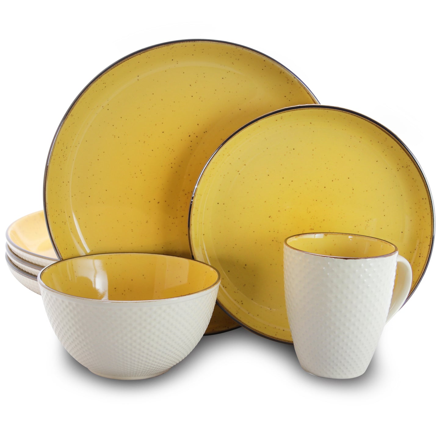 Elama Mellow-Yellow 16 Piece Textured Round Stoneware Dinnerware Dish Set