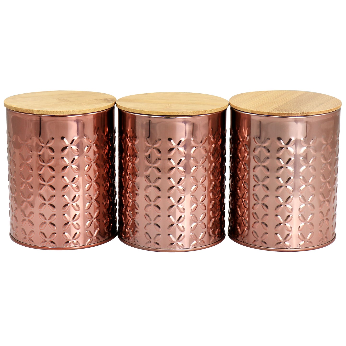 MegaChef 3 Piece Metallic Rose Gold Embossed Kitchen Canister Set w Bamboo Lids
