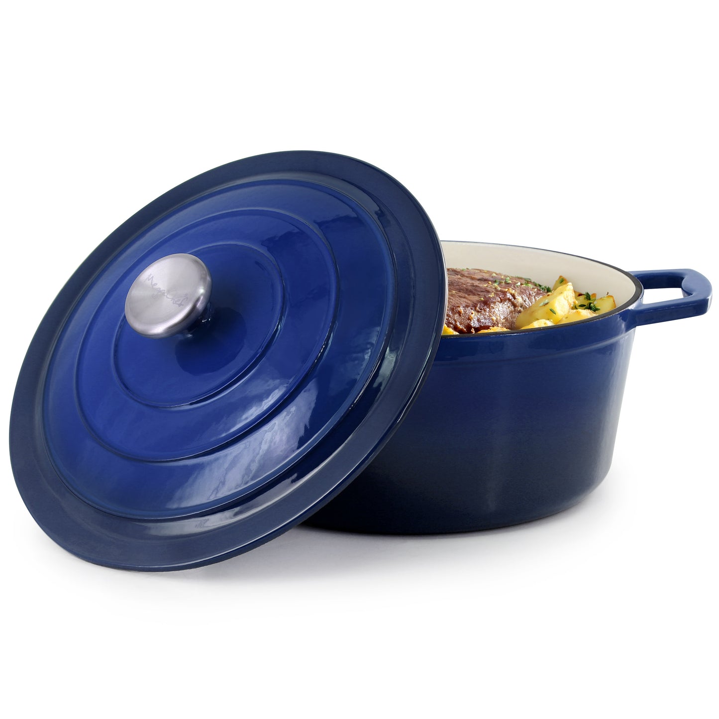 MegaChef 5 qt Round Enameled Cast Iron Casserole w Lid in Gradient Dark Blue