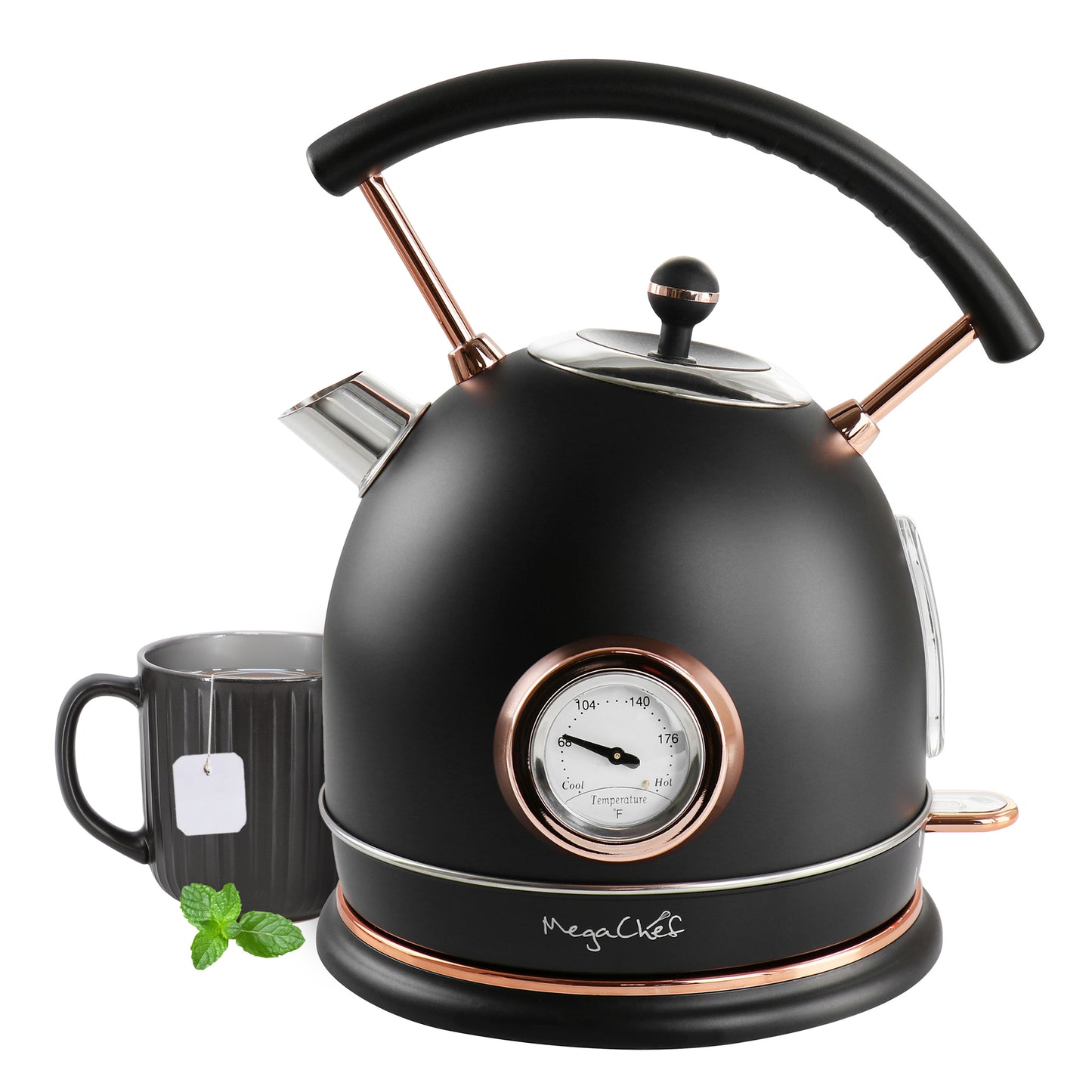 Megachef Black 1.8 L 1500W Half Circle Electric Tea Kettle w Thermostat