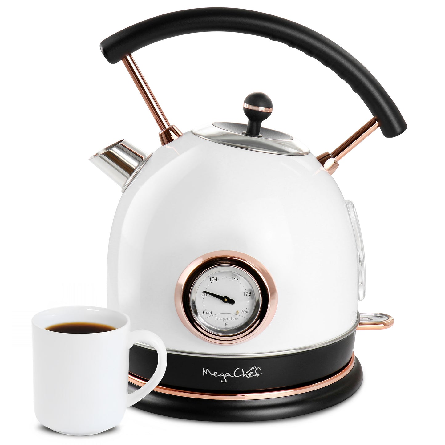 Megachef White 1.8 L 1500W Half Circle Electric Tea Kettle w Thermostat